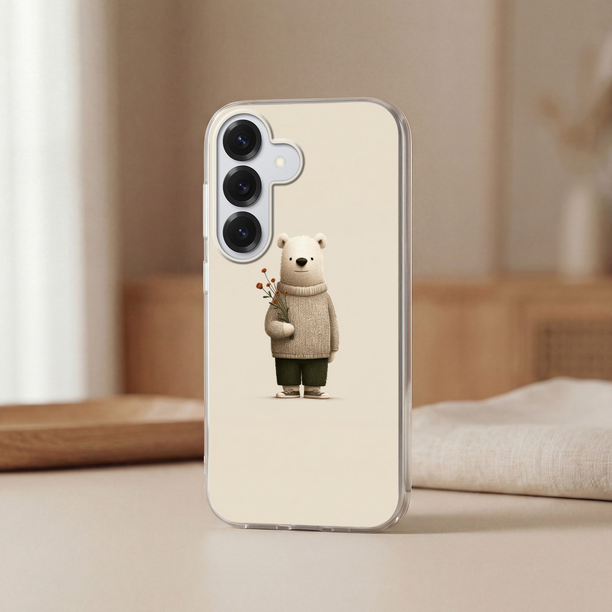 MuchoWow Handyhülle für Samsung Galaxy S26 Plus Teddybär - Orangefarbene Blumen - Freundli, Smartphone-Bumper, Print, Handy Schutzhülle Dünn