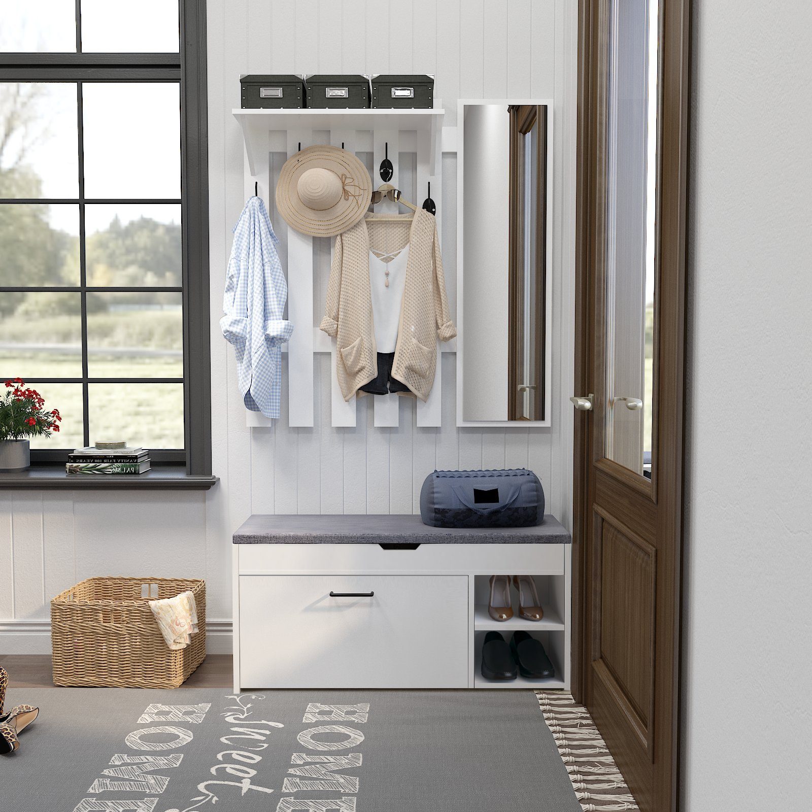 Mondeer Garderoben-Set (2-St), Garderobe mit Schuhbank, Garderobenpaneel mit Spiegel und 5 Haken