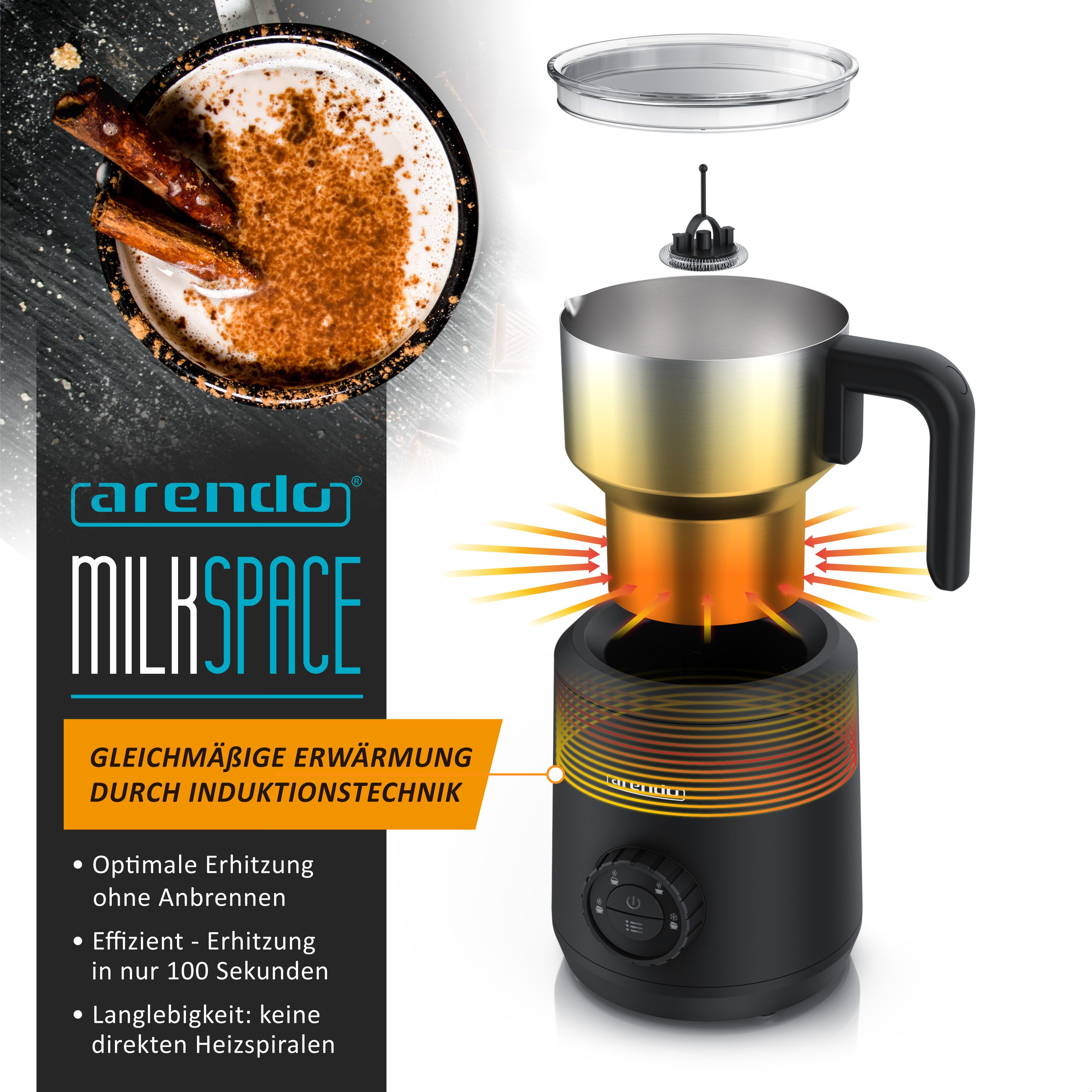 Arendo Milchaufschäumer 4in1 Induktion, warm & kalt Schaum, 400ml, Edelstahl, Latte Art, Milk, 550 W, spülmaschinengeeignet, Hafermilch, Kakao, Füllskala, Elektrisch
