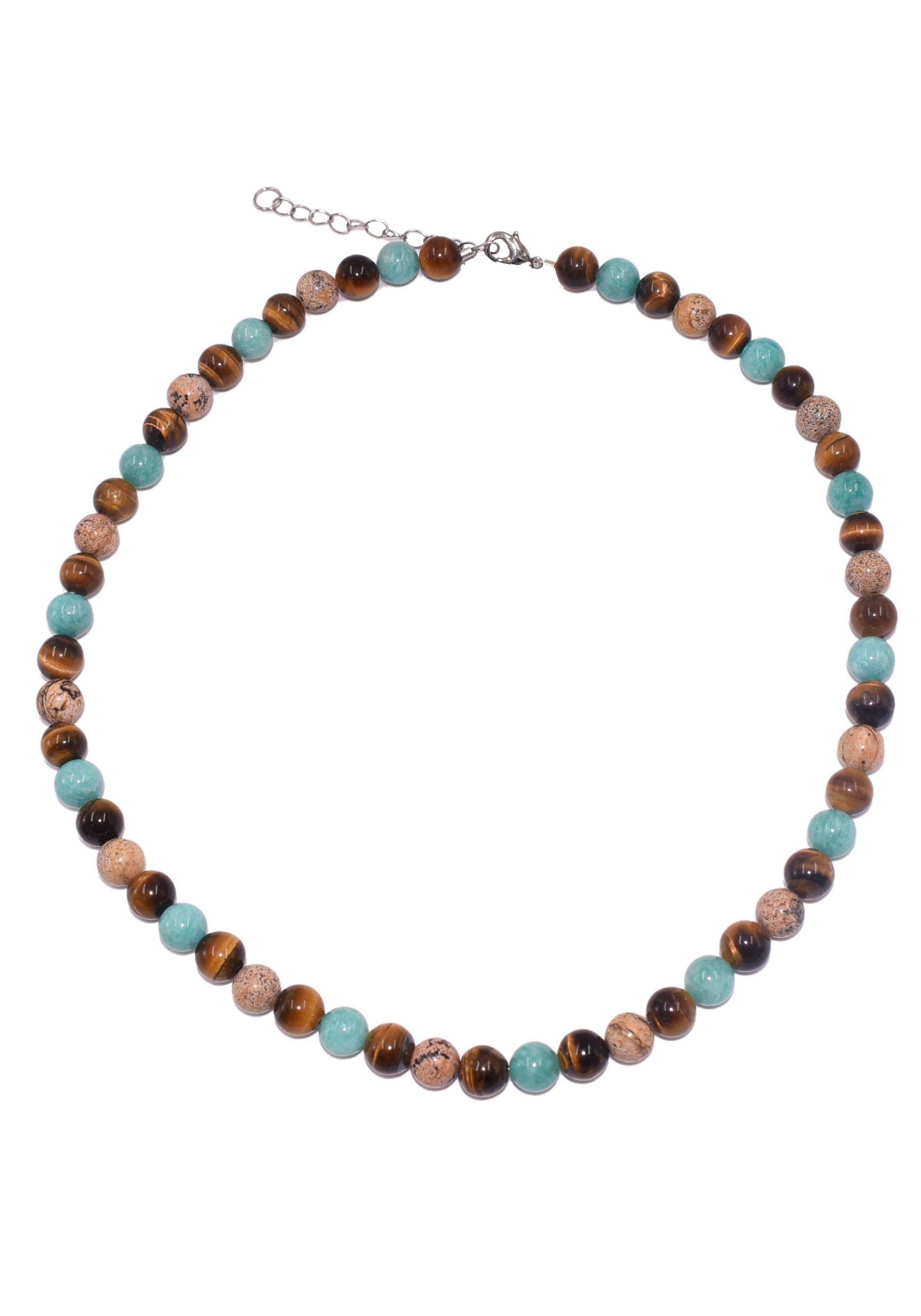 Firetti Collier Schmuck Geschenk Halsschmuck Halskette Farbstein Edelstein Tigerauge, Made in Germany - mit Amazonit, Jade, Tigerauge