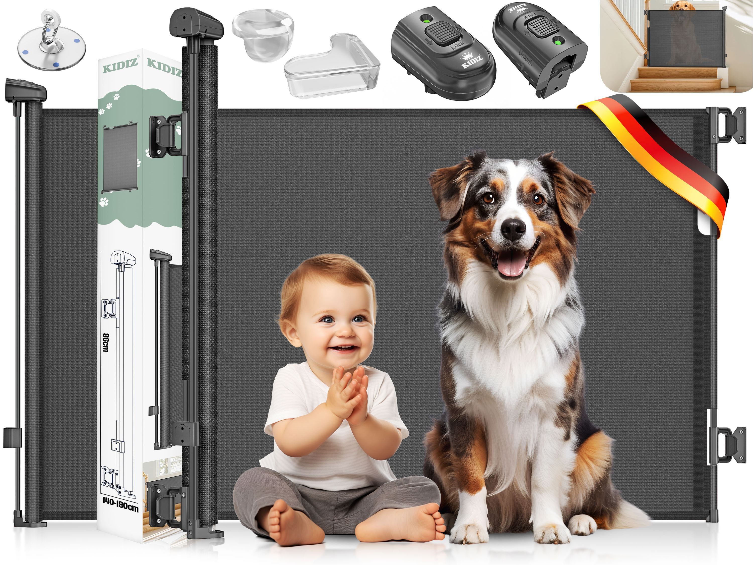 KIDIZ Türschutzgitter Treppenschutzgitter ausziehbar bis 180cm für Kinder, Babys & Haustiere (Schutzgitter für Treppen & Türen inkl. Bodenanker & Montagezubehör), Raumtrennung Absperrgitter kindersicheres Treppengitter