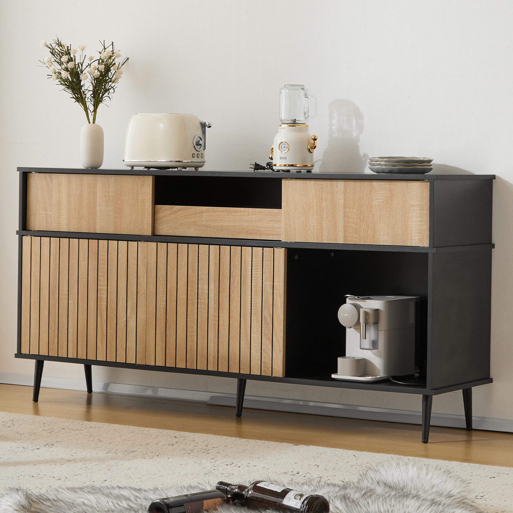 Flieks Kommode mit 4 Schiebetüren und 1 Schublade (1 St., 160Bx40Tx80H cm), Sideboard mit verstellbar Ablagen Küchenschrank Mehrzweckschrank Holz