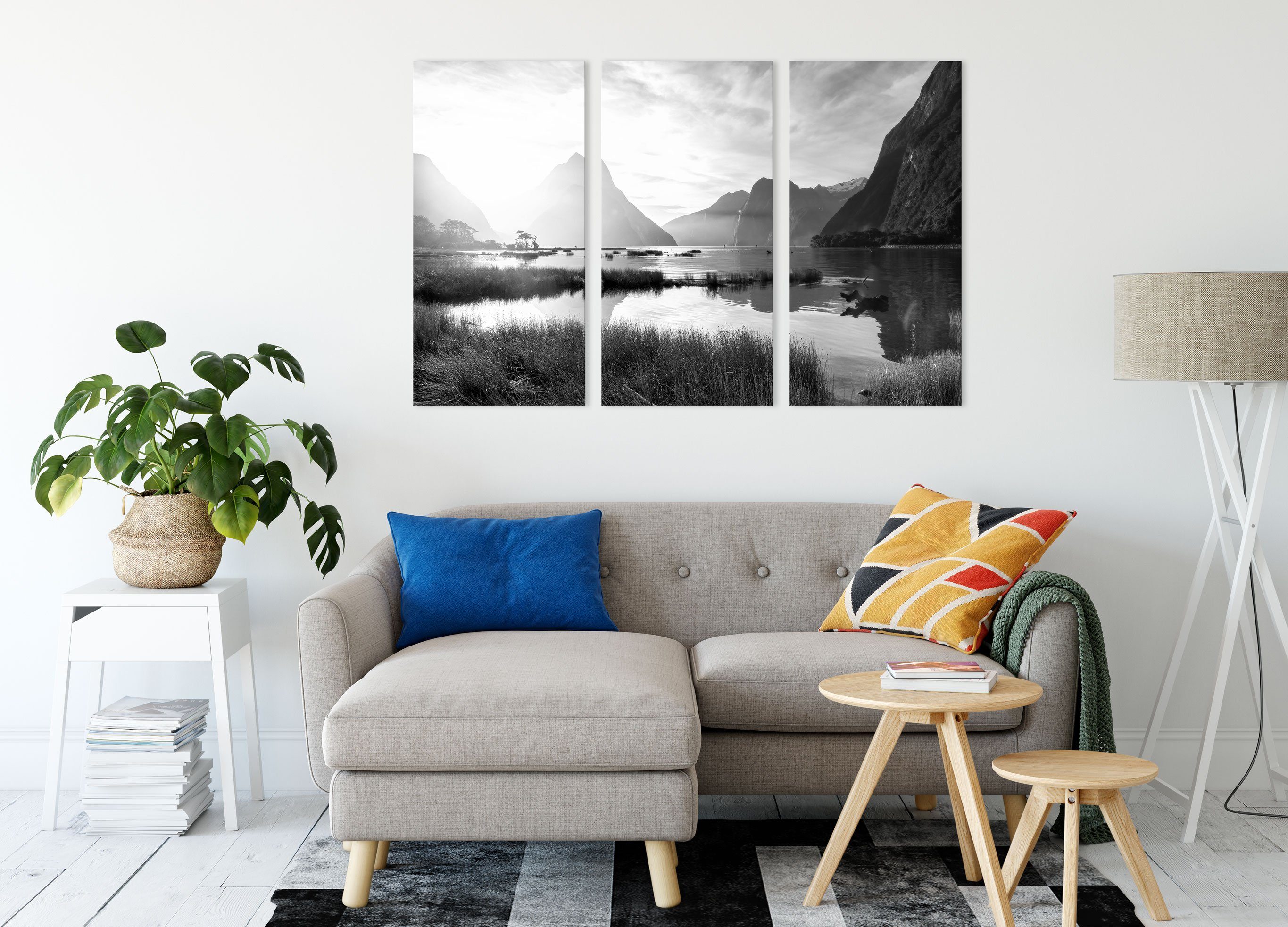 Pixxprint Milford fertig inkl. Neuseeland, Milford St), (120x80cm) Zackenaufhänger bespannt, 3Teiler Leinwandbild Sound Neuseeland Leinwandbild Sound (1