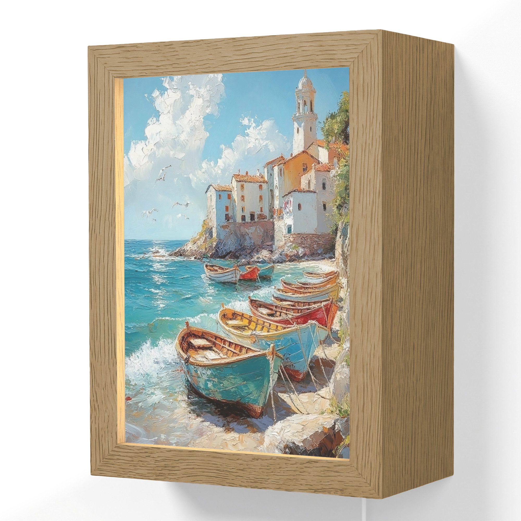 OnlyWow Wandleuchte Lightbox Boote - Felsen - Meer - Sonne, Dimmbar, Farbwechsel, LED, Warmweiß, Kaltweiß, Neutralweiß Einstellbar, Wandlampe Innen, Dimmbar, mit Kabel, LED, Beleuchtung, Wohnzimmer