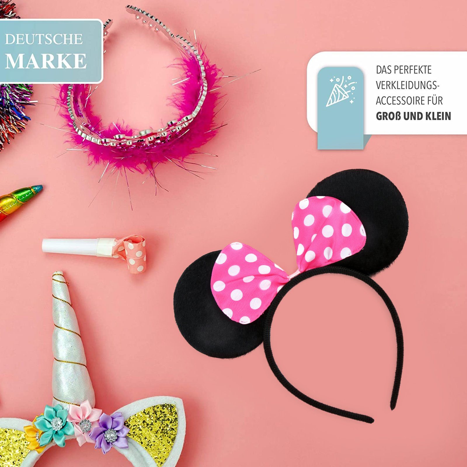 Kindergeburtstage, rosa Mauskostüm Haarschmuck, Accessoire Mouse, ZADAWERK Haarreif Pink, Mini JGA, u.v.m. Karneval für 1-tlg.,