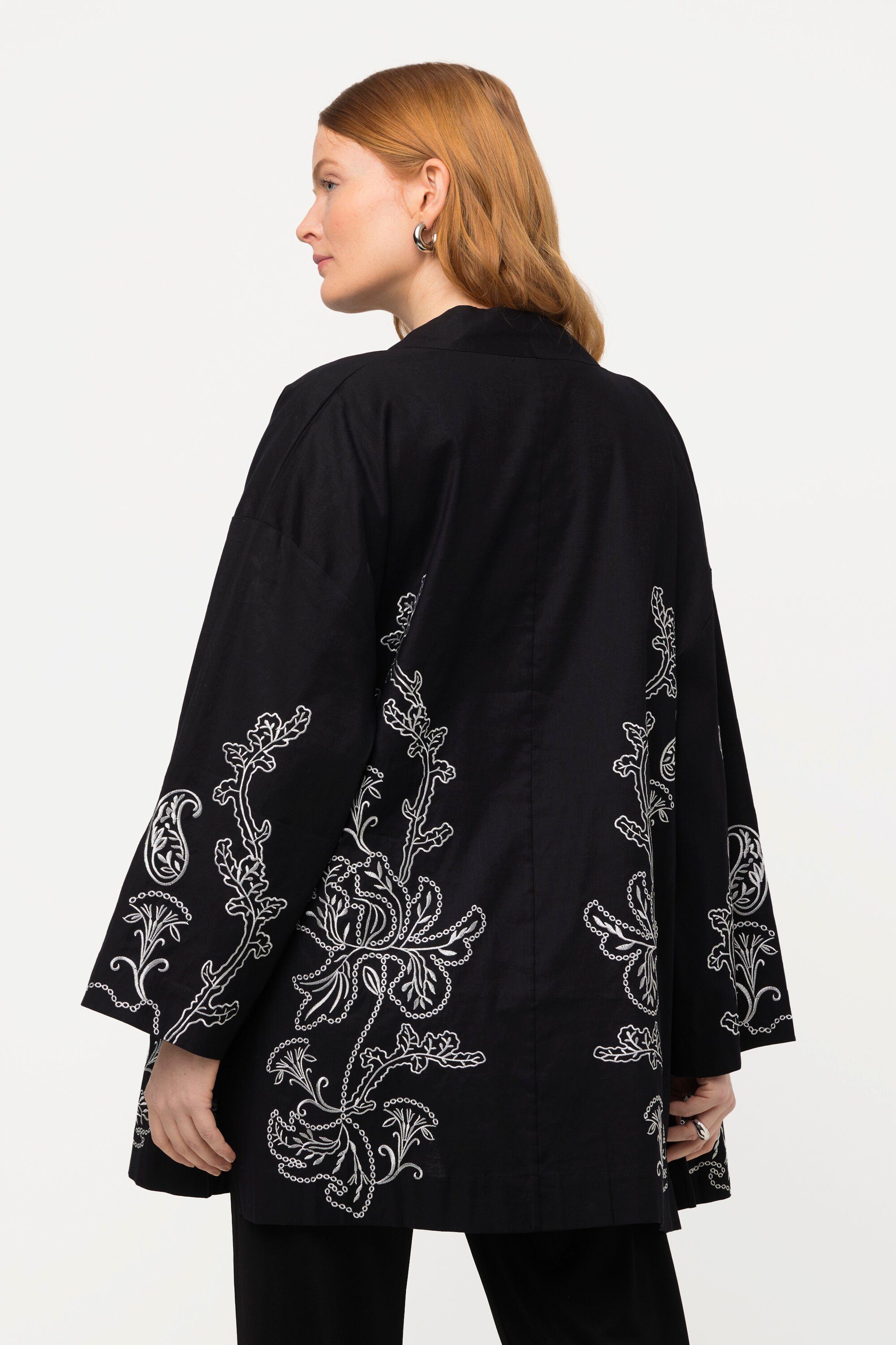 offene Kimono-Jacke Leinenmix Materialmix Langform, Ulla Popken Kimono Form, Stickerei