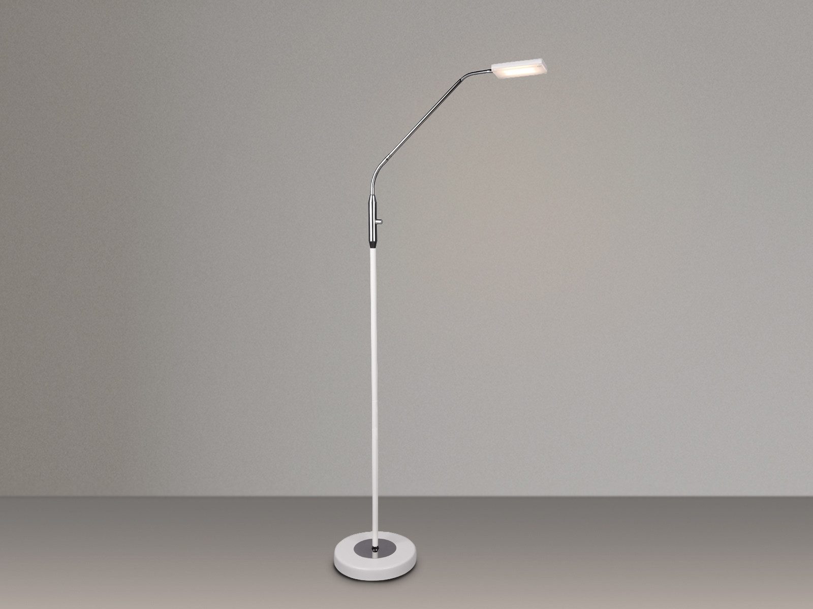 Reality Leuchten LED Stehlampe Leselampe Metall Weiß & Chrom, Ø 23cm, Dimmfunktion, LED fest integriert, Warmweiß, kleine Schwanenhalslampe dimmbar Weiß & Chrom
