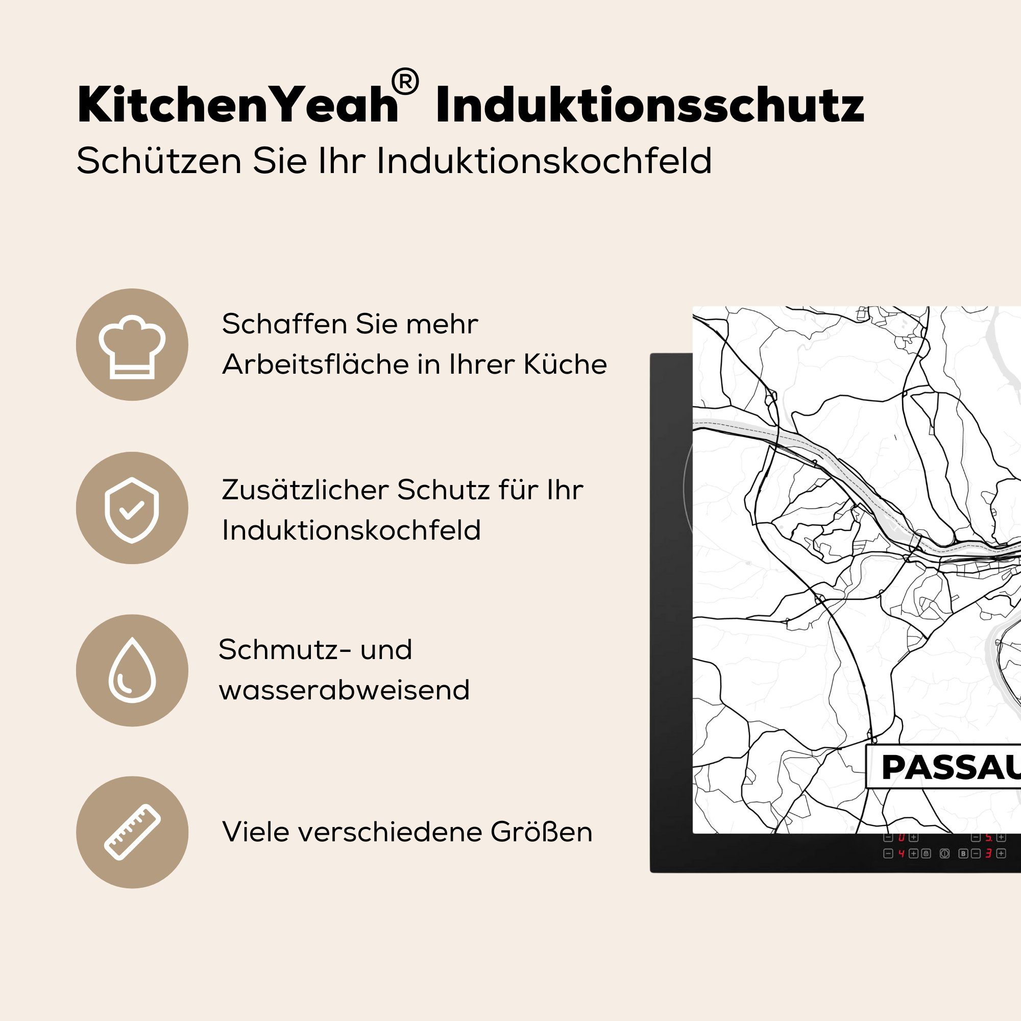 Stadtplan, - 78x78 Ceranfeldabdeckung, Arbeitsplatte für Herdblende-/Abdeckplatte MuchoWow Vinyl, tlg), - (1 Karte küche cm, Passau