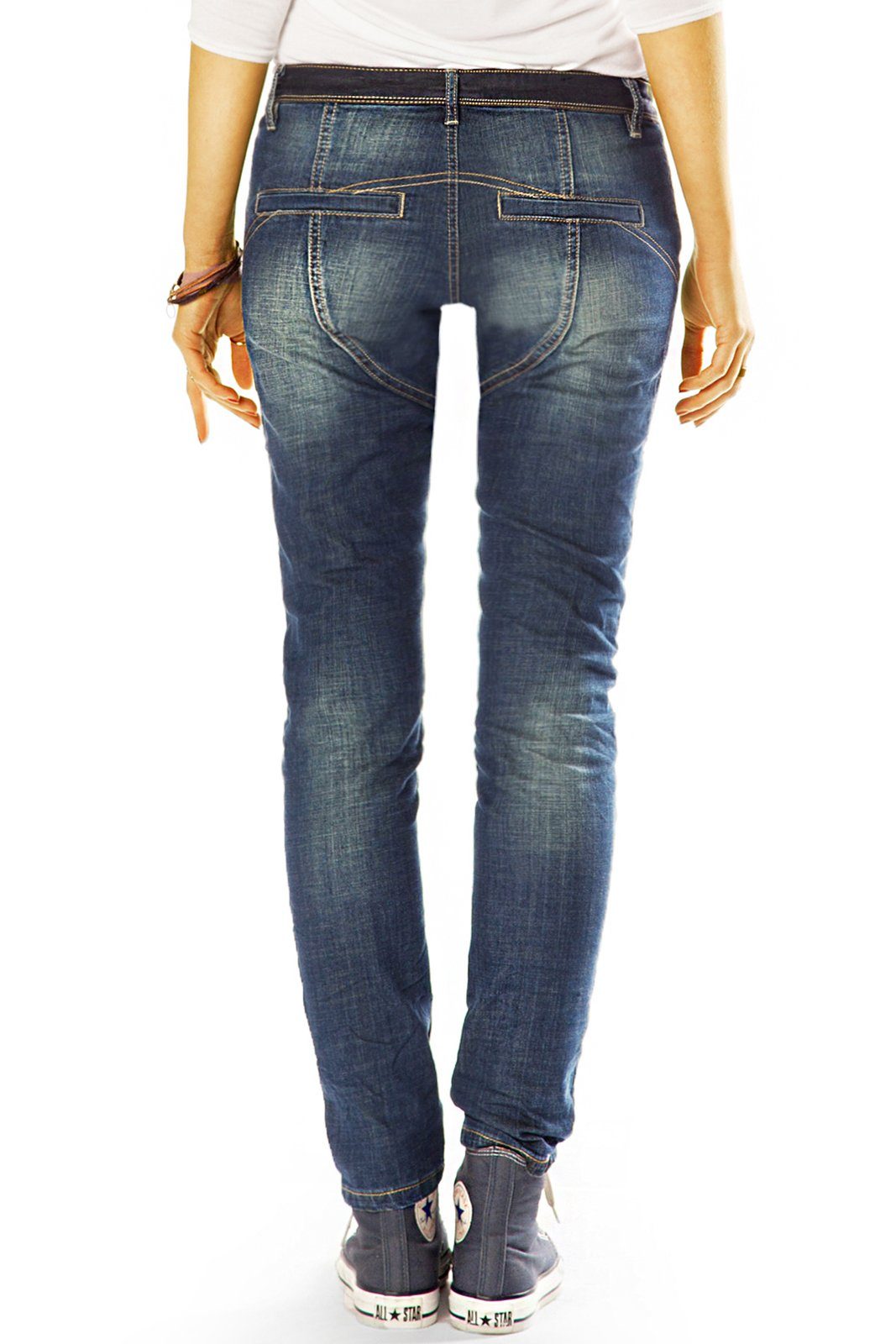 Knopfleiste, Damen hüftig, fit mit schräge mit be asymmetrischer - waist, - Stretch-Anteil, Slim Hüftjeans styled Knopfleiste lange Ziernähte j15L low Low-rise-Jeans
