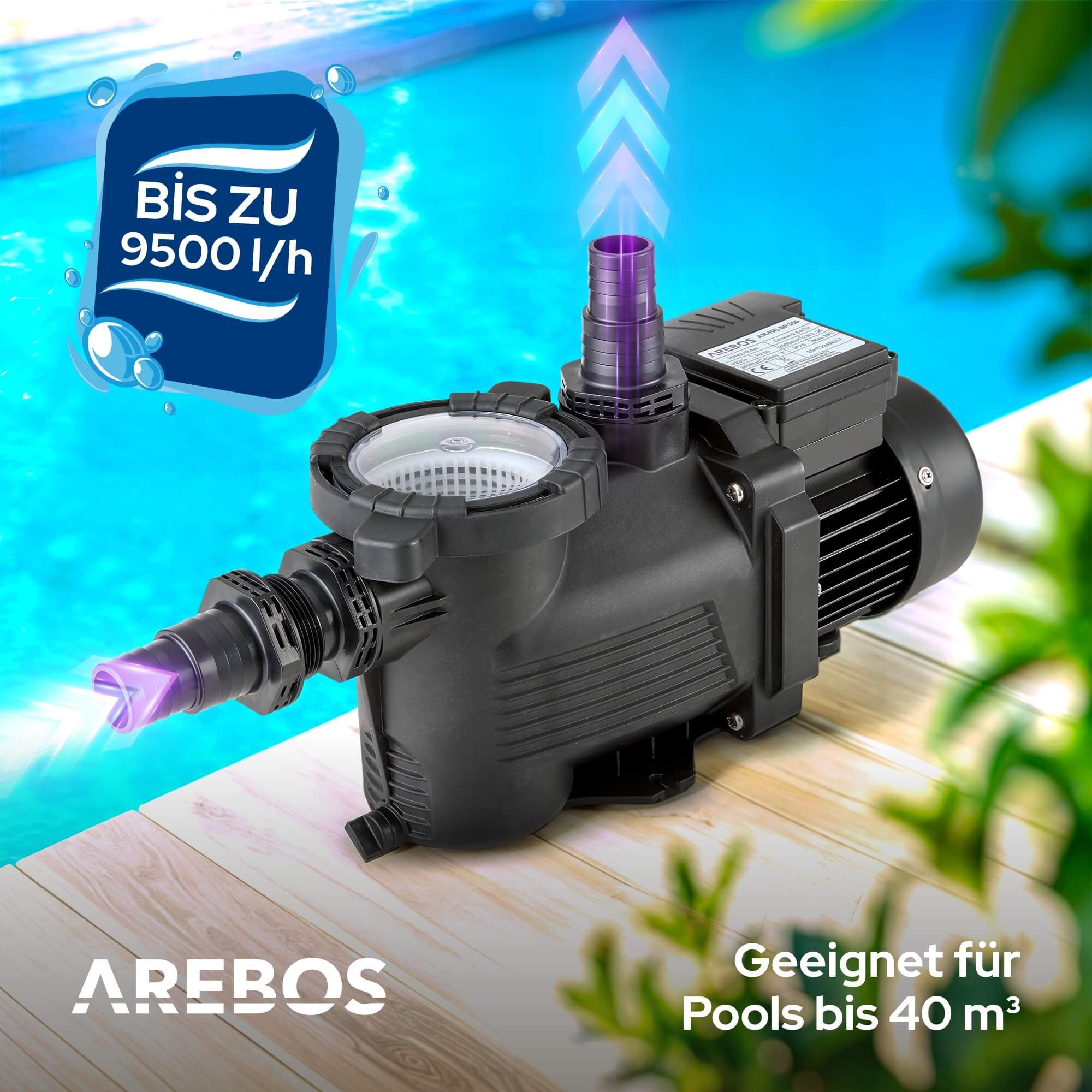 Arebos Teichpumpe Schwimmbadpumpe 350W, Filterpumpe mit Vorfilter & 9500 l/h, für Süß-& Salzwasserpools geeignet, Geeignet für Beckengröße:bis 40m³ – Bild 5 von 5