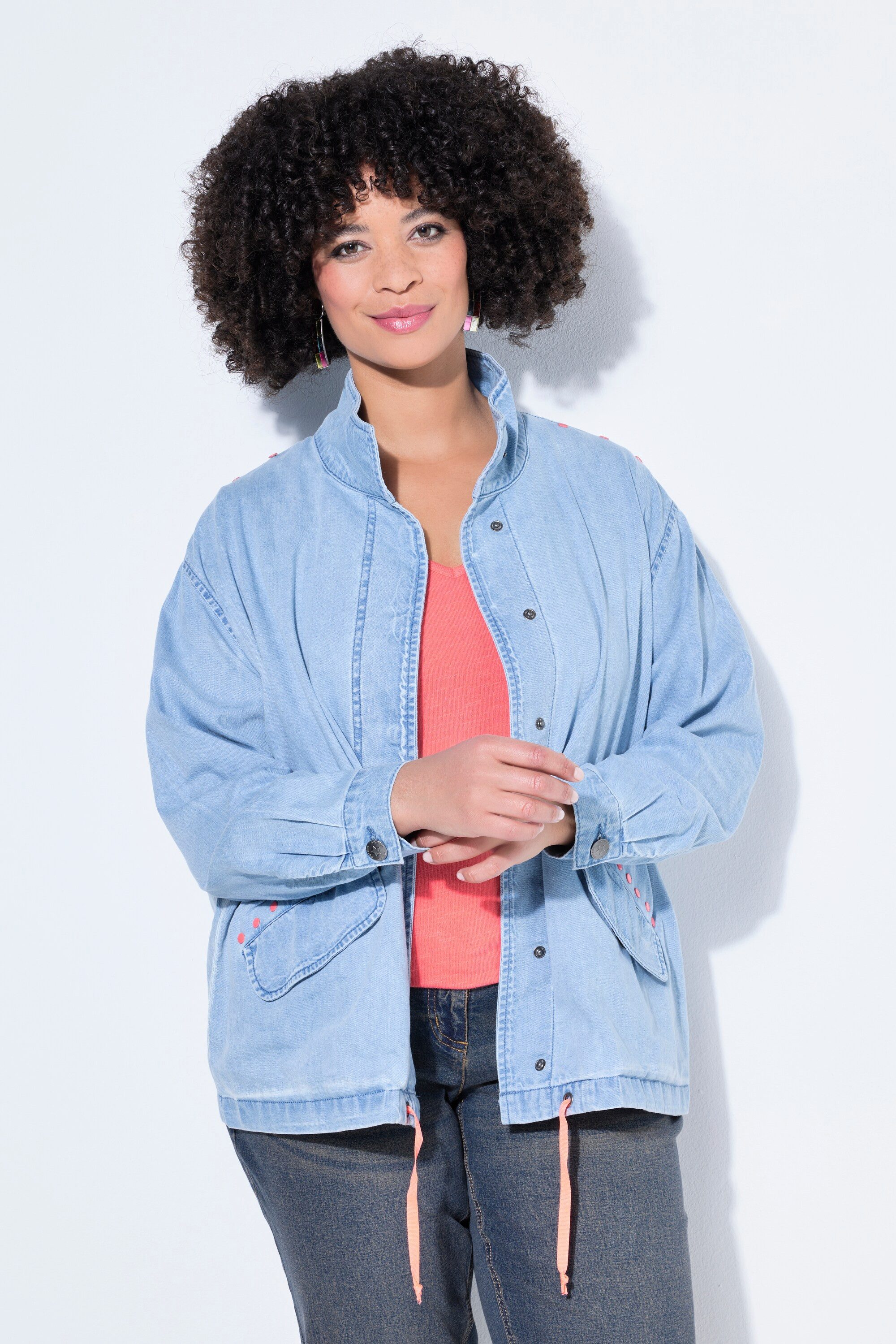 Sommerjacke Jeansjacke Boxy Fit Neon-Nieten Saum-Tunnel