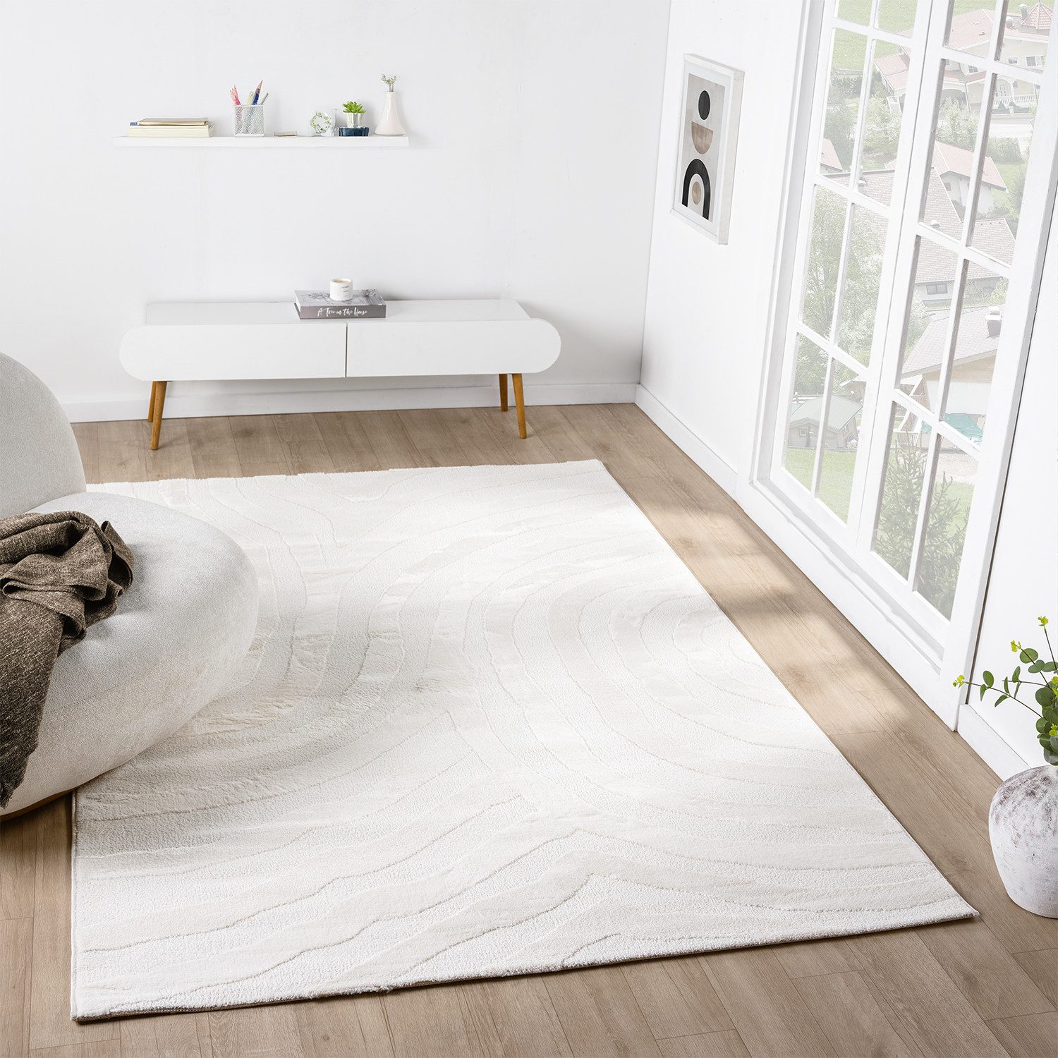 Vimoda Teppich Wohnzimmer Boho Optik Skandinavisch Hochtief in Creme, Rechteckig, Höhe: 11 mm, Läufer Teppich Schlafzimmer Esszimmer