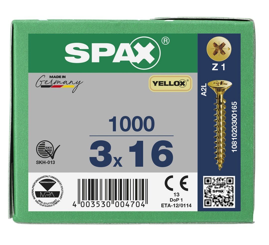 SPAX Spanplattenschraube Universalschraube, (Stahl gelb 1000 3x16 St), verzinkt, mm