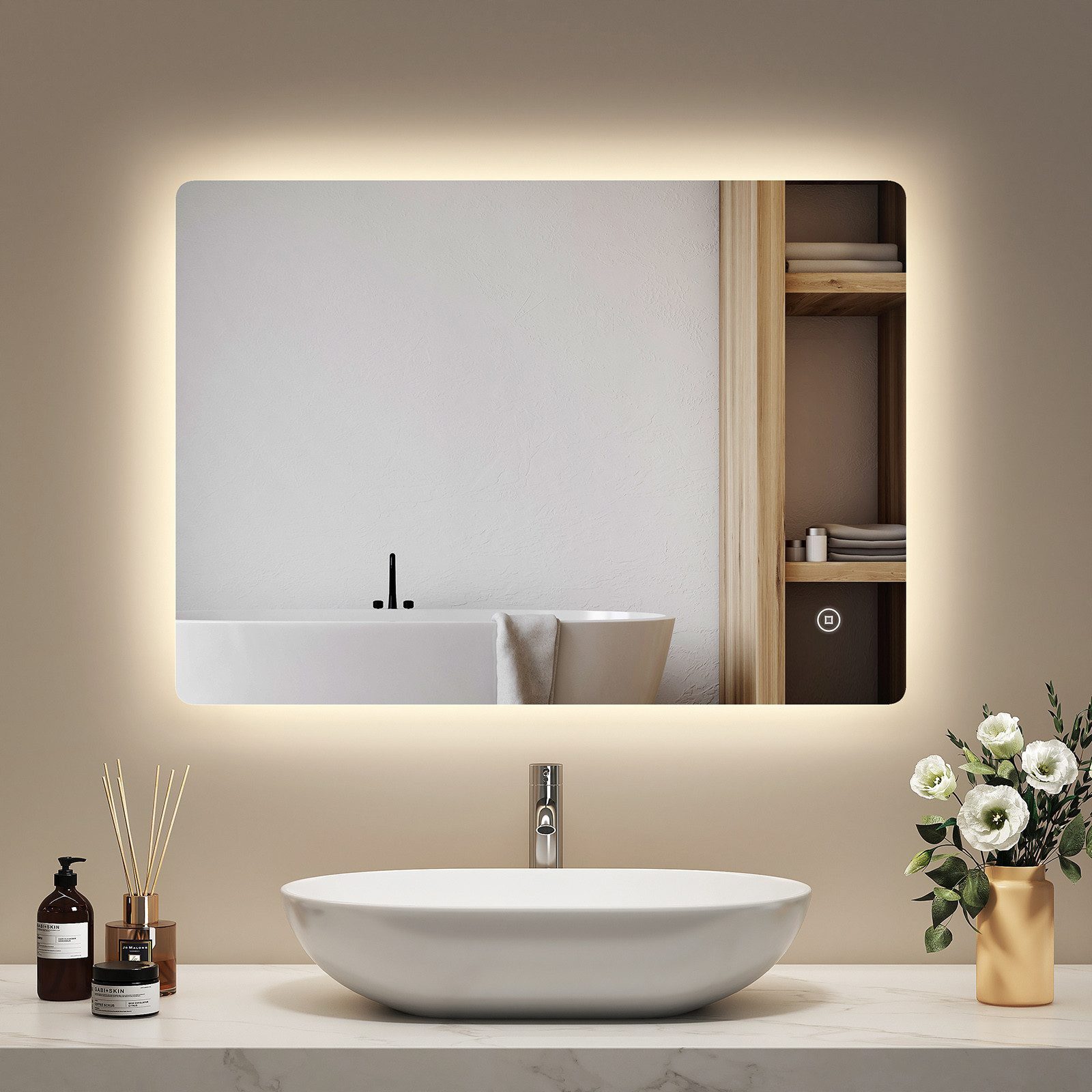 EMKE Badspiegel mit LED-Beleuchtung, Antibeschlag, Lichtfarben, Dimmbar,Touch-Schalter (Vertikal und Horizontal möglich), Wandspiegel mit Beleuchtung, 3 Lichtfarben, Memory-Funktion, IP44