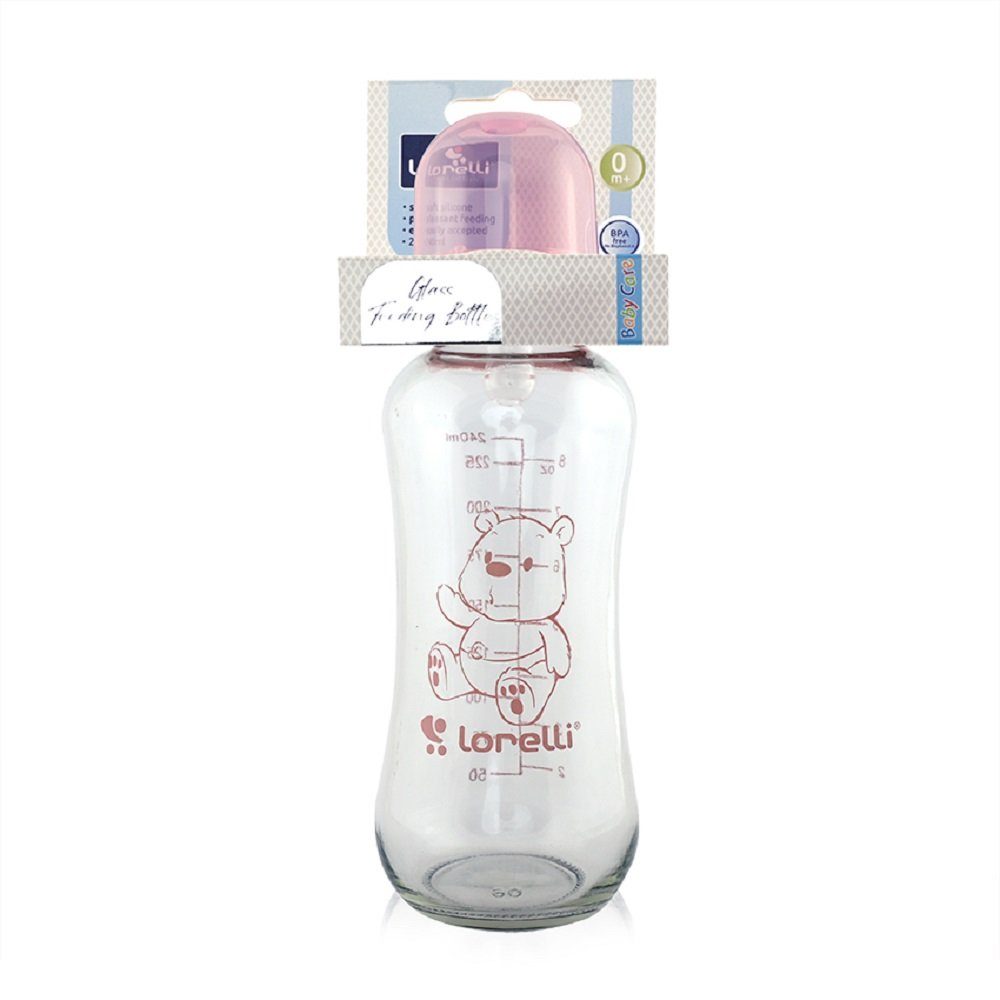 Lorelli Babyflasche Baby Glasflasche 240 Deckel Fassungsvermögen Geburt Silikonsauger ab ml, pink ml 240
