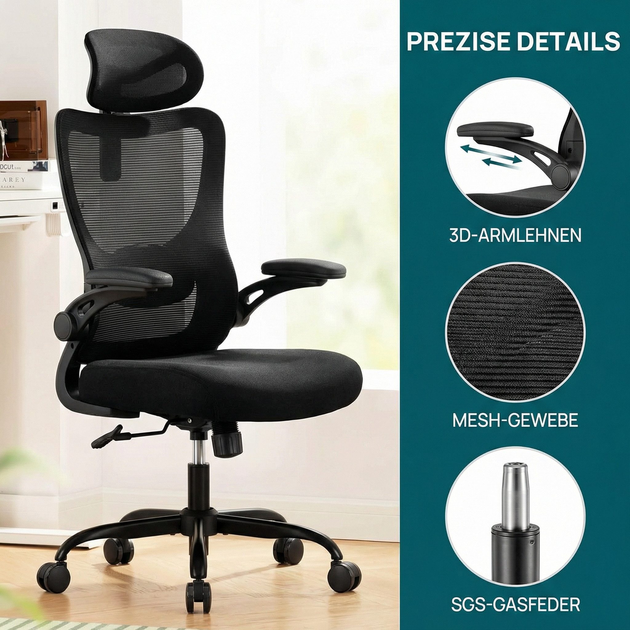Marsail Bürostuhl ergonomisch mit verstellbarer Kopfstütze, 3D klappbaren Armlehnen (Drehbarer Schreibtischstuhl / Computerstuhl mit Mesh-Bezug), bis 136 kg, ideal für Büro, Homeoffice & Gaming