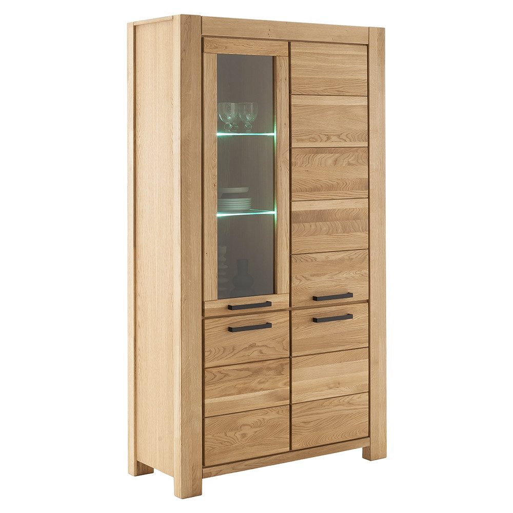 Lomadox Vitrine SELISTE-06 Massivholzmöbel, Eiche teilmassiv geölt, 109cm breit, LED-Beleuchtung
