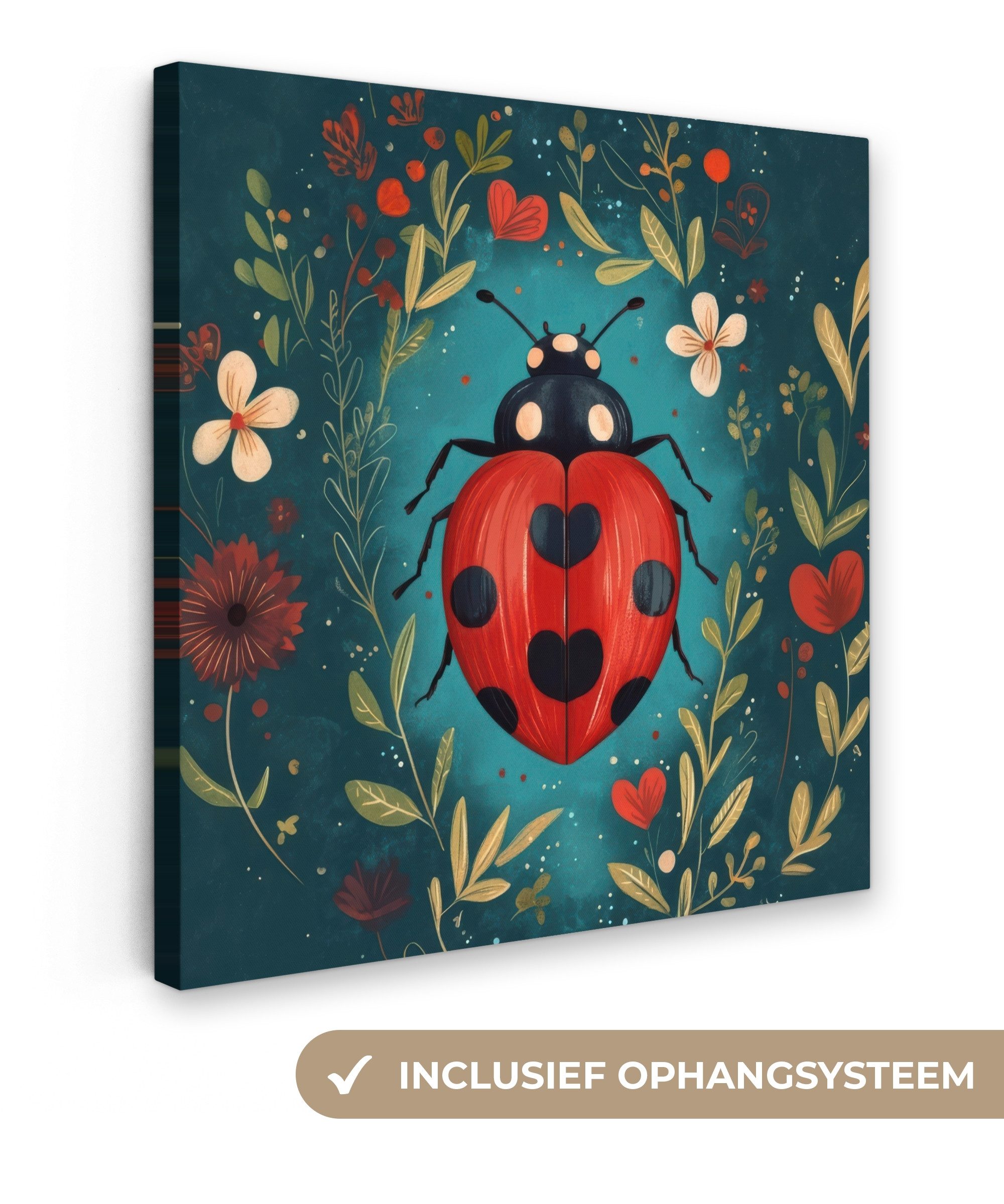 OneMillionCanvasses® Leinwandbild Blumen - Marienkäfer - Herz - Rot, Fotodruck (1 St), Wandbild, Deko Schlafzimmer Wohnzimmer Flur 20x20 cm