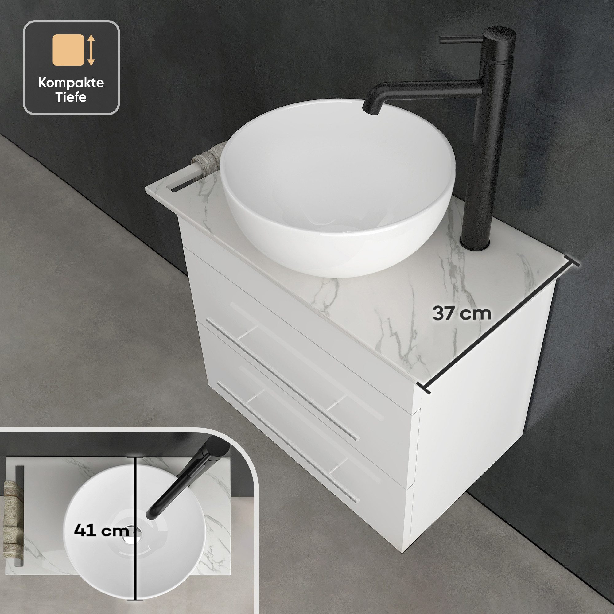 Alpenberger Badmöbel-Set Gäste WC Waschbecken mit Unterschrank – hängender Waschtisch 60 cm, (Waschtischunterschrank mit Schubladen, Bad Möbel Set mit Waschbeck – Bild 4 von 5