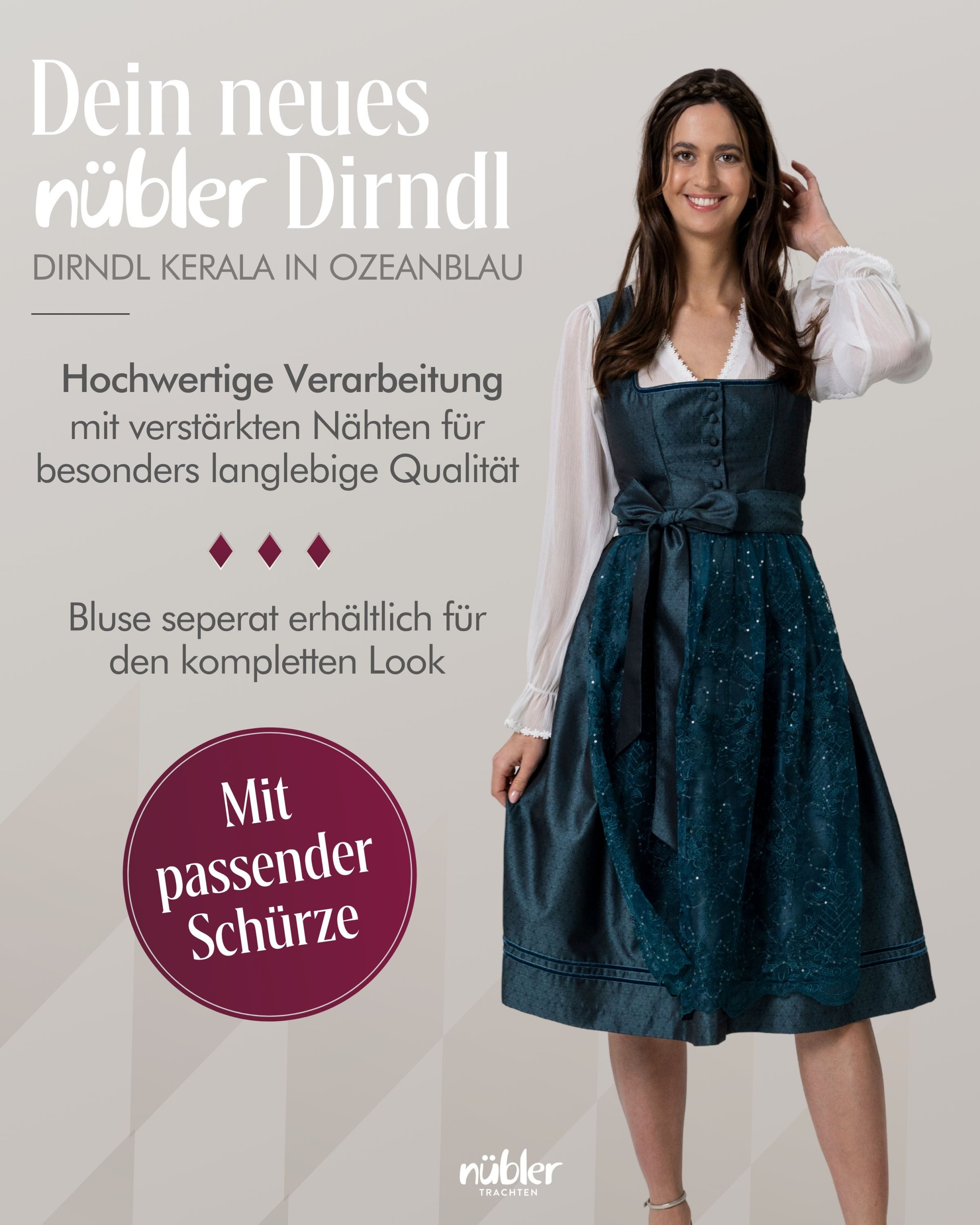 Nübler Dirndl Midi Dirndl Kerala in Ozeanblau von Nübler - Rocklänge 70 cm – Bild 4 von 5