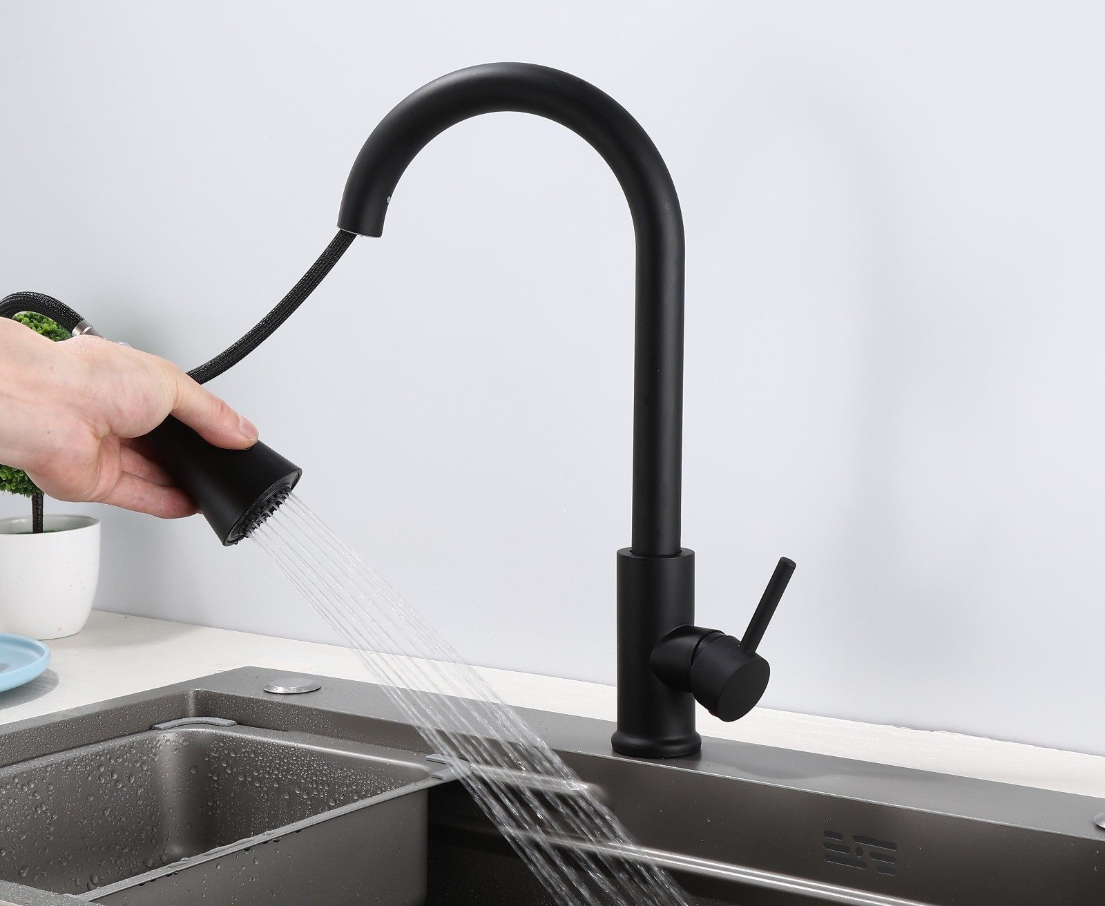 inter Küchenarmatur 360° Wasserhahn Schwarz GMF803_Model 1 (Wasserhahn, Schwarz GMF803_Model 1 mit schwenkbarem Auslauf) – Bild 5 von 5