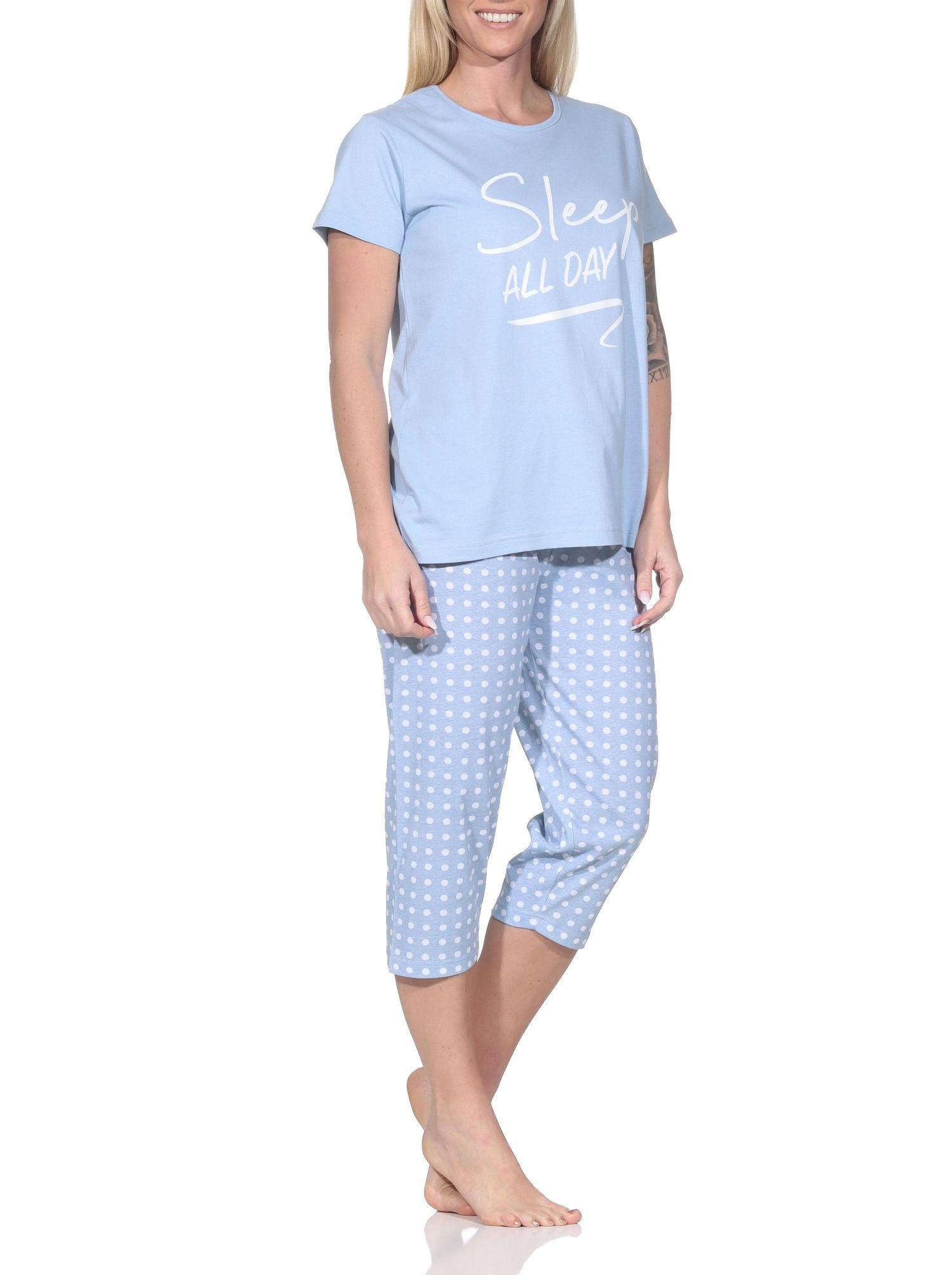 Normann Pyjama Normann Damen Schlafanzug kurzarm mit Capri-Pyjamahose in Punkte Optik