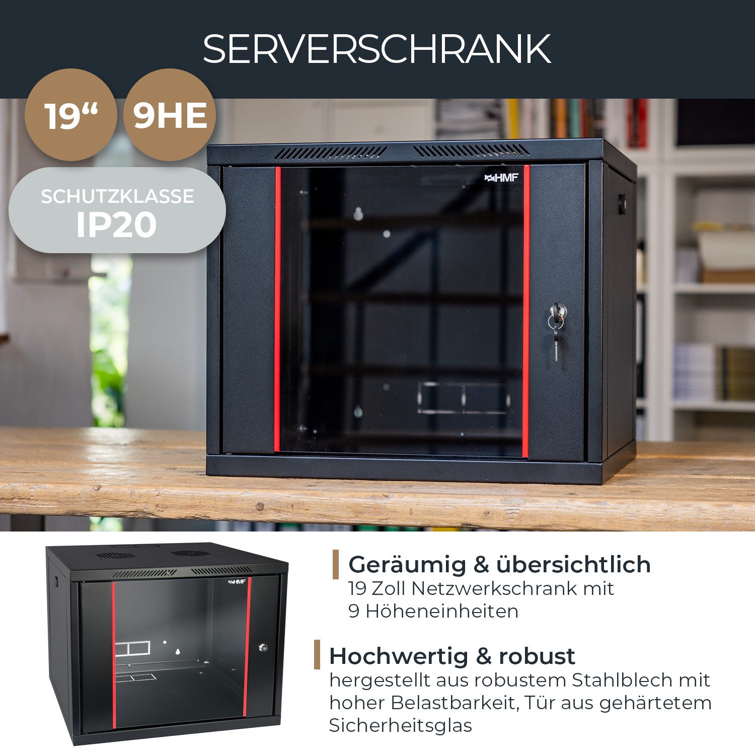 HMF Serverschrank 66409-02 Netzwerkschrank, Serverschrank 19 Zoll, 9 HE, 450 mm Tiefe, voll montiert, Glastür, Schwarz