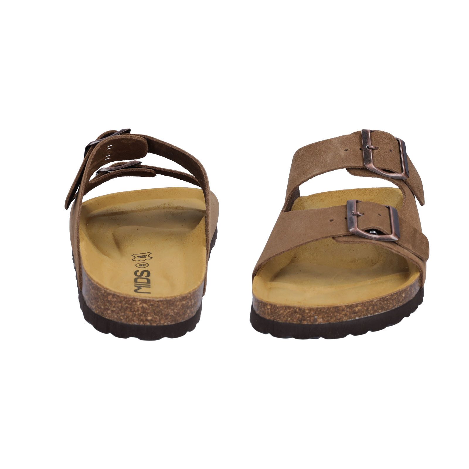 MIDS MOMO Damen Pantolette tan aus Velourleder, Zweiriemer mit farblich abgestimmten Schnallen