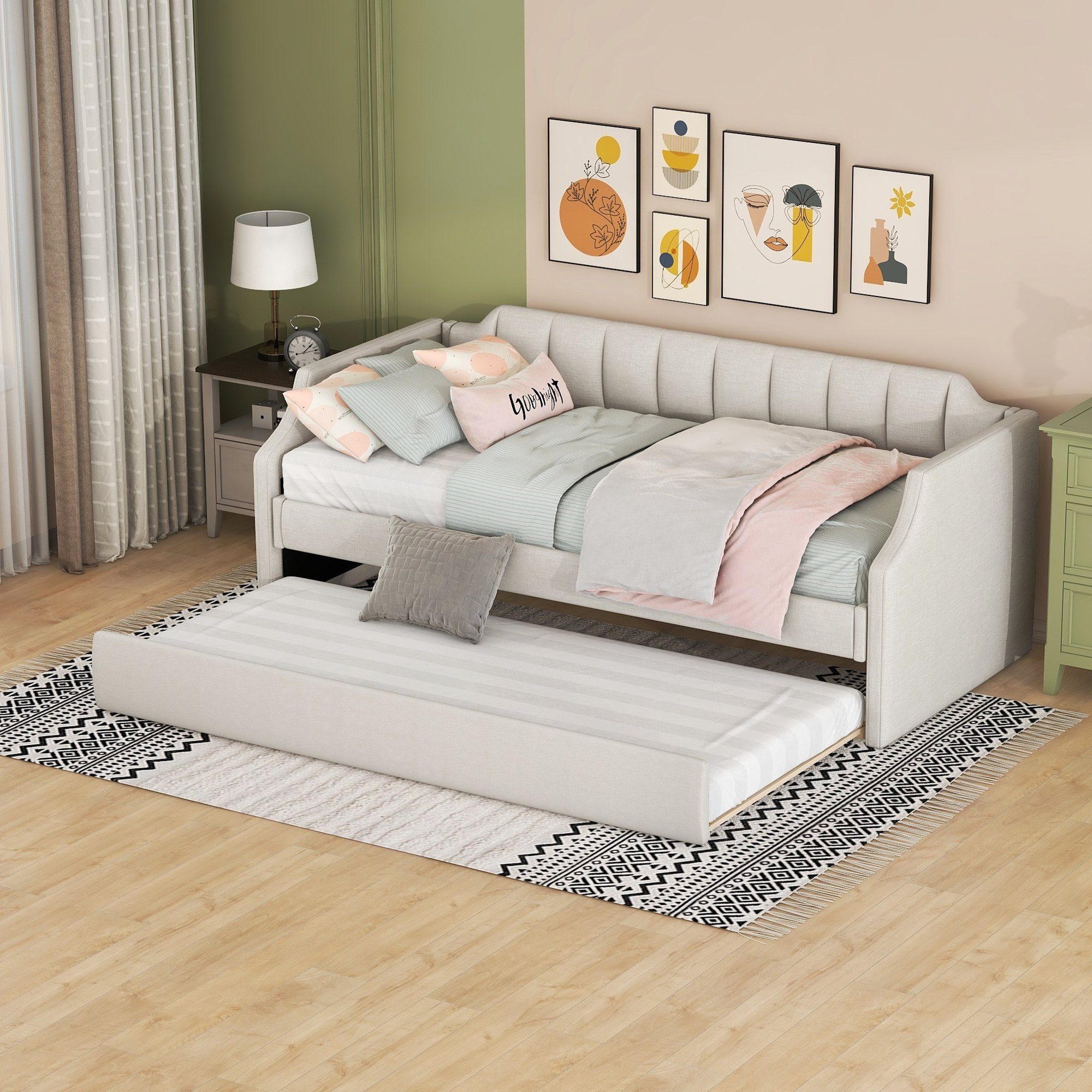 SOFTWEARY Schlafsofa mit Bettfunktion und Gästebett, inkl. Lattenrost, 90x200 cm/90x190 cm, Einzelbett, Jugendbett, Leinen – Bild 4 von 5