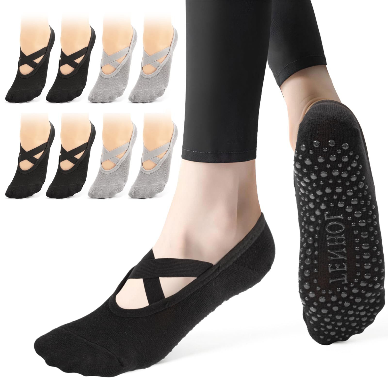 FOUORTUNATE-BEE Sportsocken Yogasocken Damen 35–39, 4 Paar Rutschfeste Socken für Yoga Anti-Rutsch Socken für Ballett Tanz Fitnessstudio & Zuhause