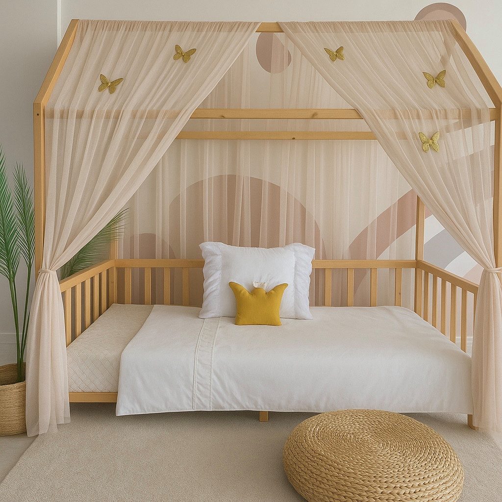 Baby Fancyroom Betthimmel Betthimmel Tüll Hausbett Kinderbett 2 Stück 340cm 380cm Montessori (3-tlg. Set mit 2x Betthimmel und einer 20er Pomponkette, Baldachin, Kinder Betthimmel Baldachin Himmel Deko Set), Betthimmel für Hausbett Montessori