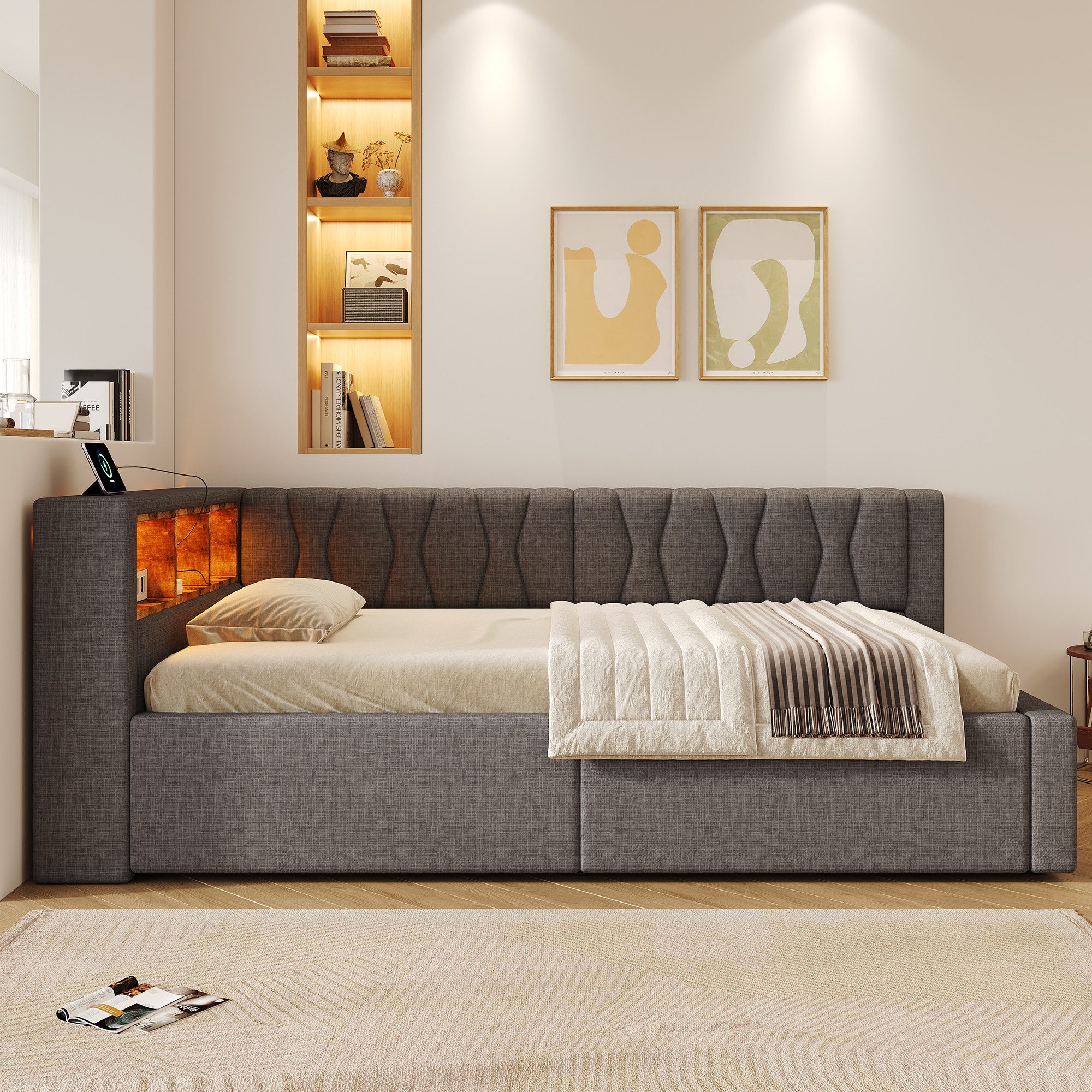 Ulife Daybett Tagesbett Schlafsofa mit dimmbarer LED‑Leiste und praktischem Regal, Hydraulische Lagerung mit USB‑Anschluss, 90 x 200 cm – Bild 4 von 5