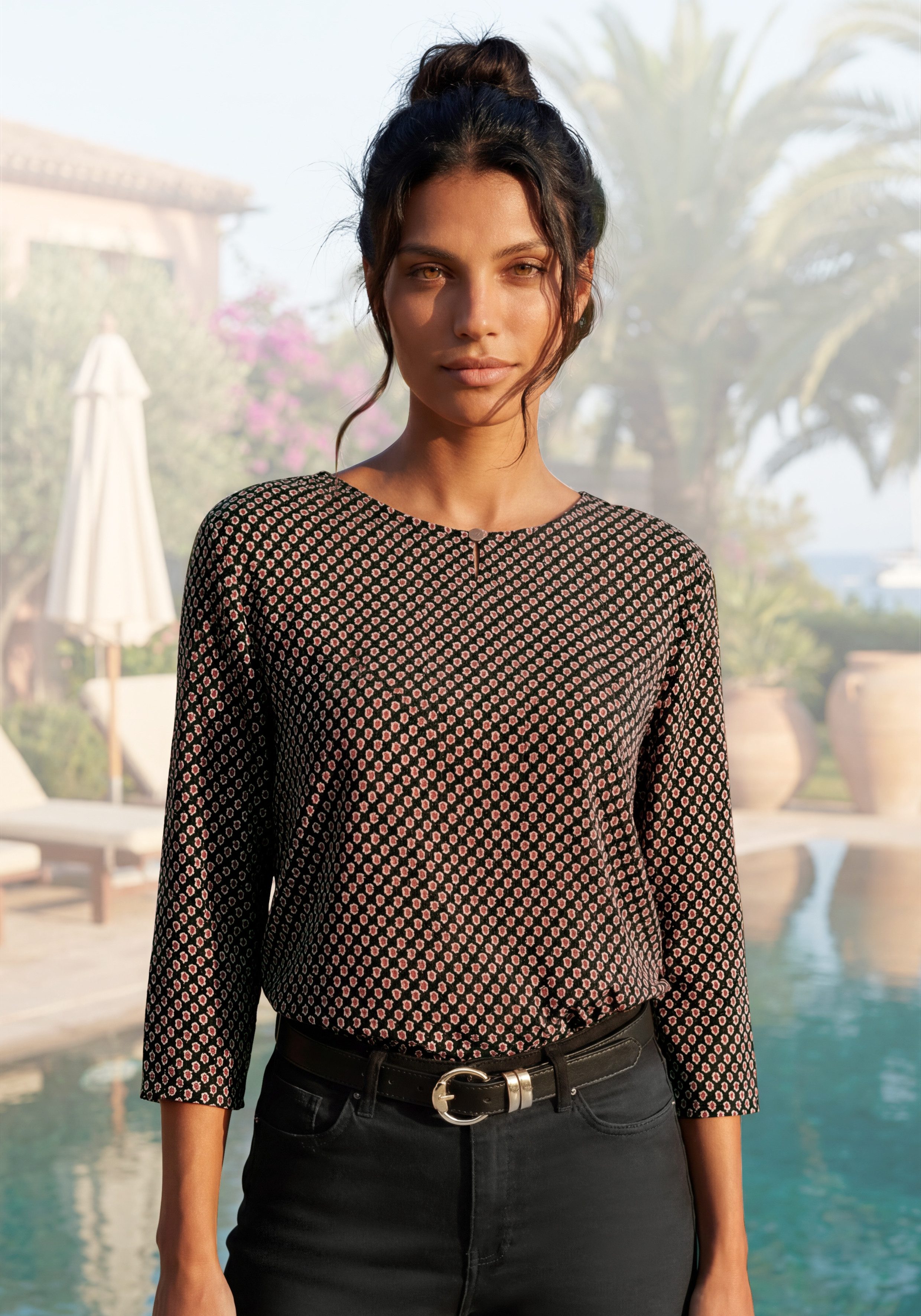 3/4-Arm-Shirt mit Zierknopf am Ausschnitt
