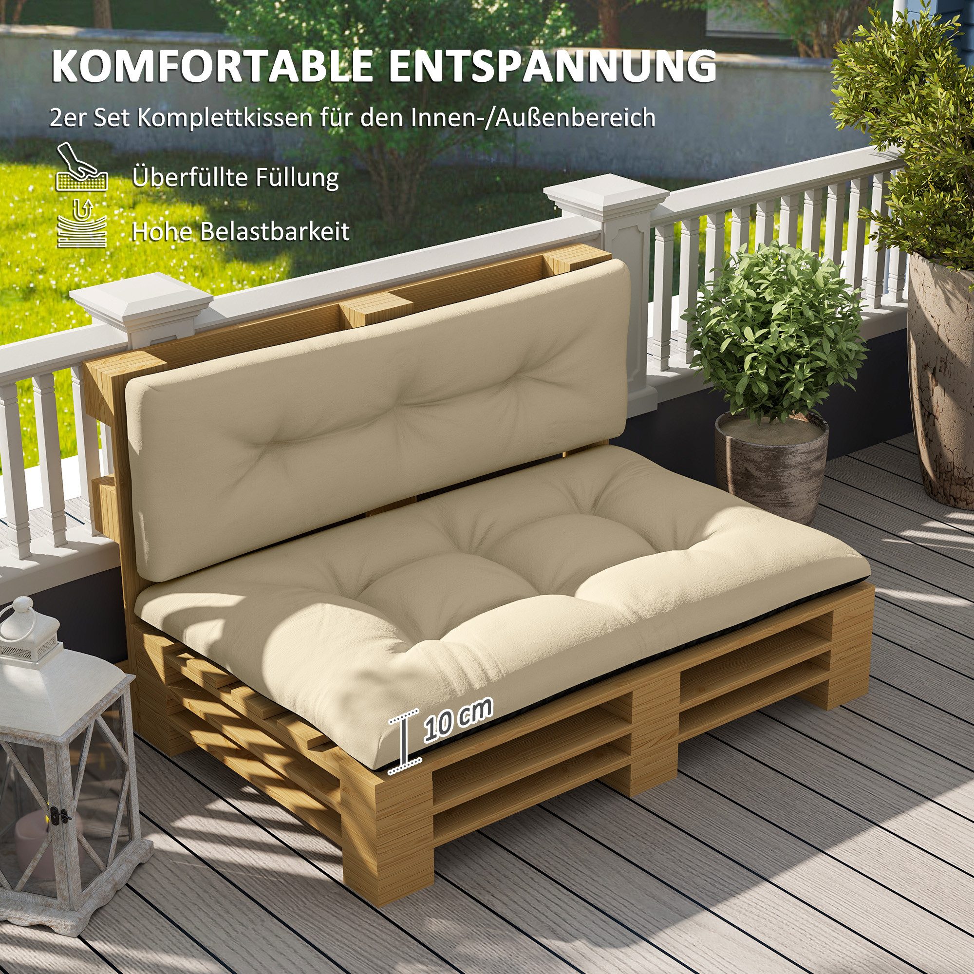 Outsunny Stuhlkissen 2 teilige Palettenpolster mit Getuftetem Design, Rückenlehne, wasserabweisend, für Europaletten Palettensofa 120 x 77 x 10 cm Beige