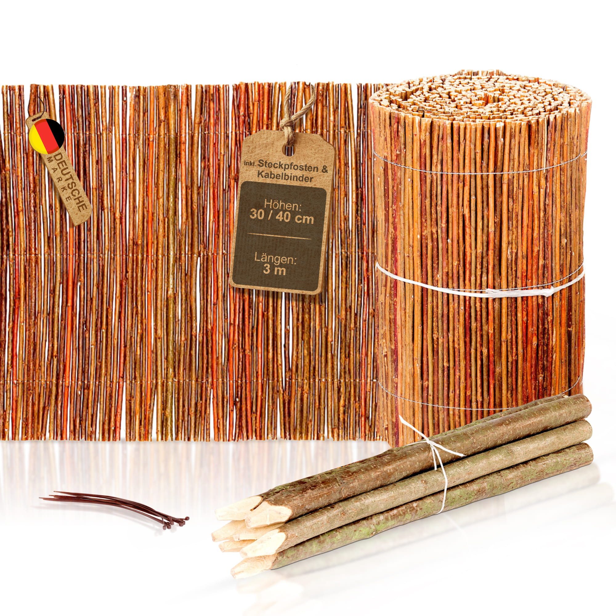 BooGardi Beetumrandung Mini Gartenzaun Holz in 2 Größen, LxH: 300x30 cm, Rasenkante flexibel · 30 cm hoch x 3 m lang, Weidenzaun · Beeteinfassung für natürliche Beetbegrenzung · Garten