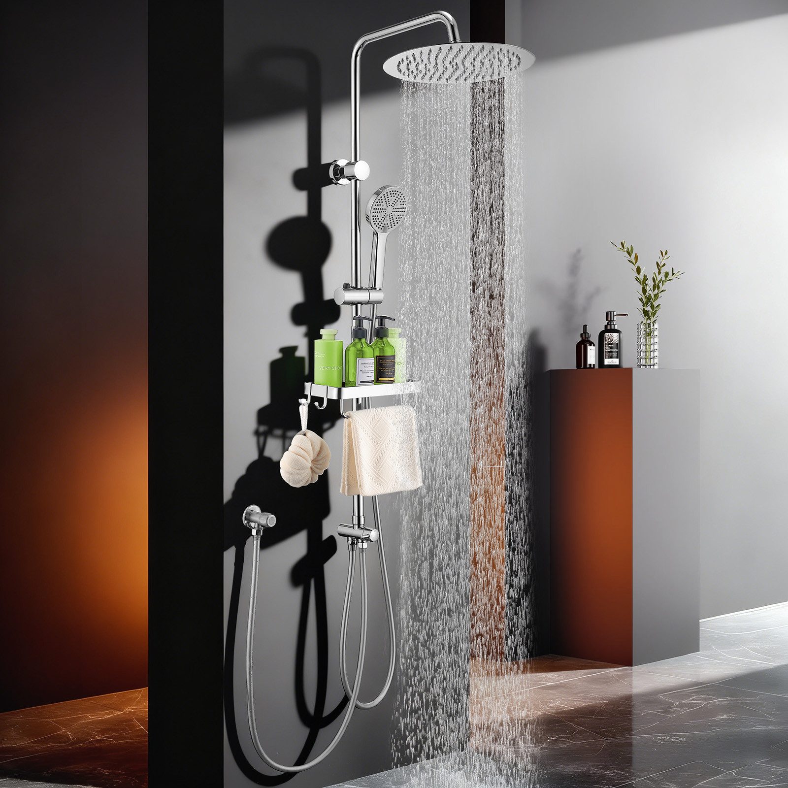 HOMELODY Duschsystem Regendusche 30 cm mit Ablage Handbrause 5 Funktionen Chrom, Duschset Edelstahl Umsteller höhenverstellbar PVC Schlauch ohne Bohren