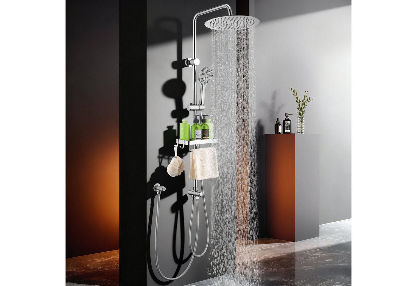 HOMELODY Duschsystem Regendusche 30 cm mit Ablage Handbrause 5 Funktionen Chrom, Duschset Edelstahl Umsteller höhenverstellbar PVC Schlauch ohne Bohren