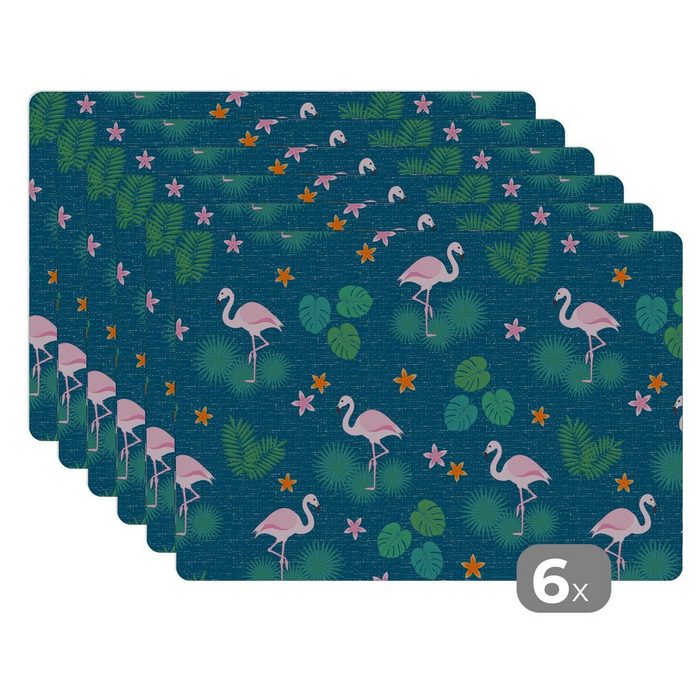Platzset Flamingo - Pflanzen - Muster MuchoWow (6-St) Platzset Platzdecken Platzmatte Tischmatten Schmutzabweisend
