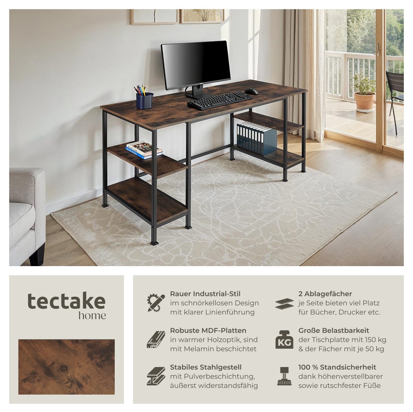 tectake Schreibtisch Computer-Schreibtisch (1-St., 1 tlg), Geradlinig designter Schreibtisch im typischen Industrie-Stil