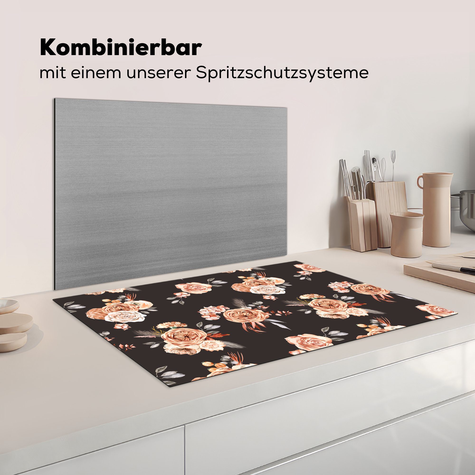 für - MuchoWow Blumen küche, Herdblende-/Abdeckplatte Muster, Ceranfeldabdeckung Schwarz - Induktionskochfeld Vinyl, 81x52 Schutz cm, die (1 tlg),