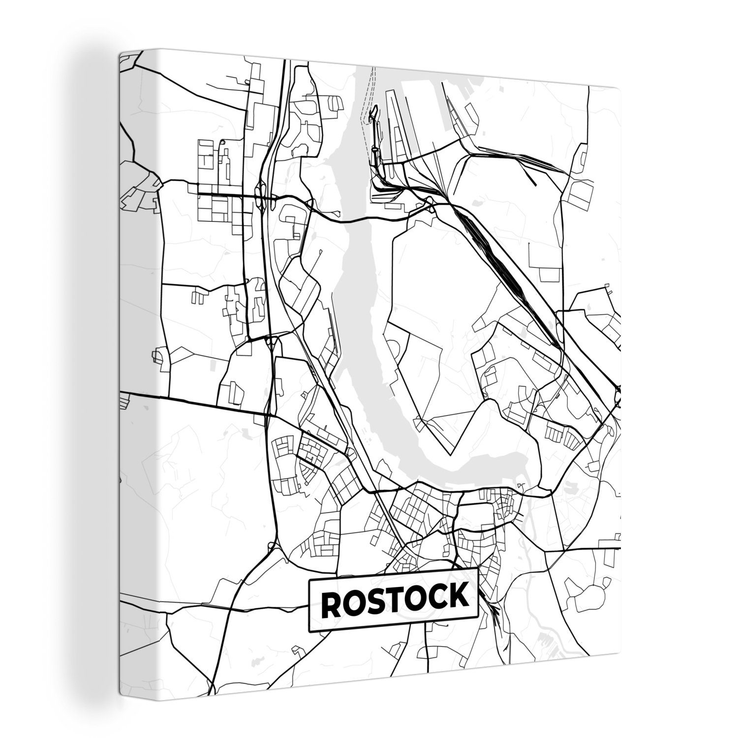 OneMillionCanvasses® Leinwandbild Karte - Rostock - Stadtplan, (1 St), Leinwand Bilder für Wohnzimmer Schlafzimmer