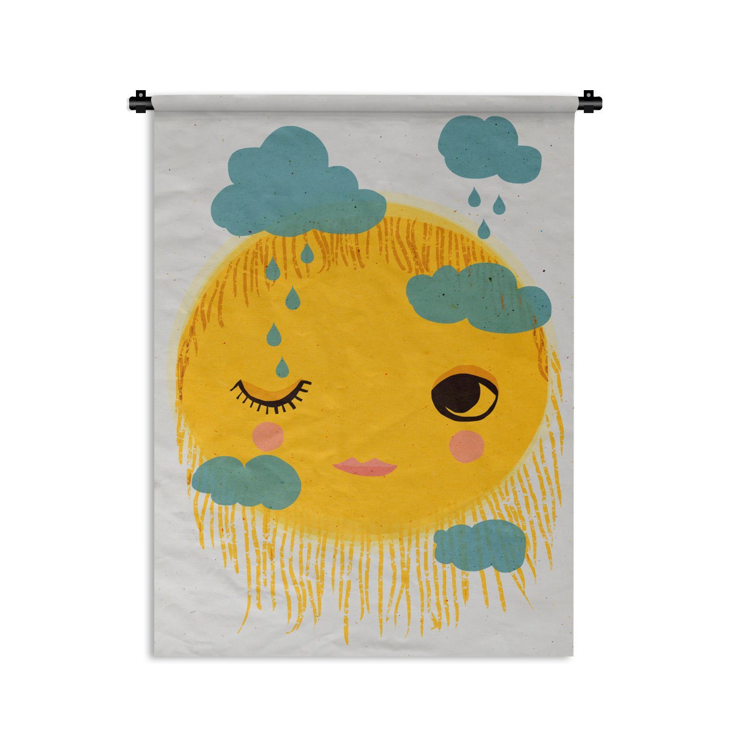 MuchoWow Wanddekoobjekt Sonne - Gesicht - Gelb - Wolken - Regen, Deko für an der Wand, Wohnzimmer, Tapisserie, Schlafzimmer