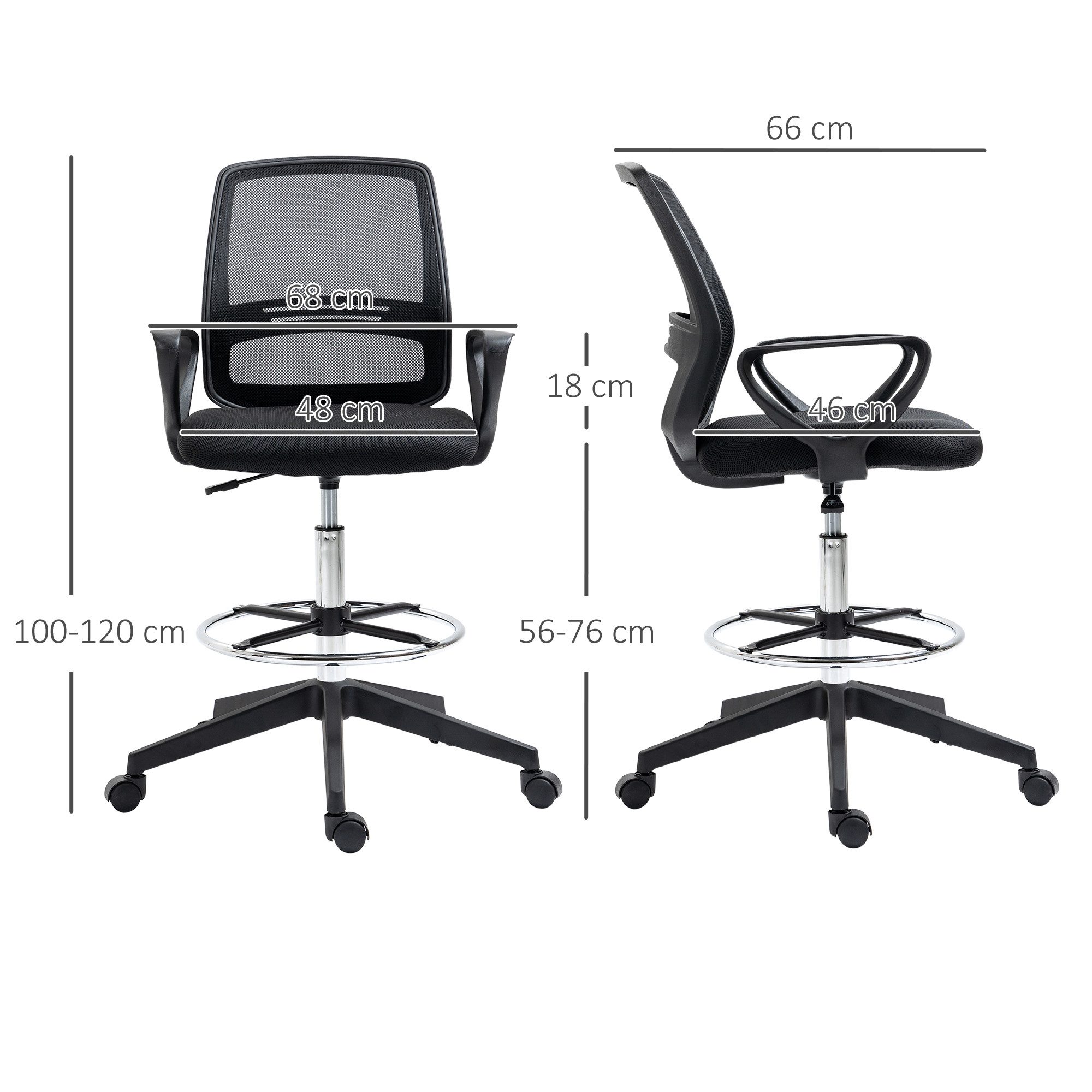 Vinsetto Bürostuhl Drehstuhl mit Armlehnen, Netzbespannung, verstellbarem Fußring (ergonomischer Schreibtischstuhl, 1 St), für Arbeitszimmer, Büro, Schwarz – Bild 3 von 5