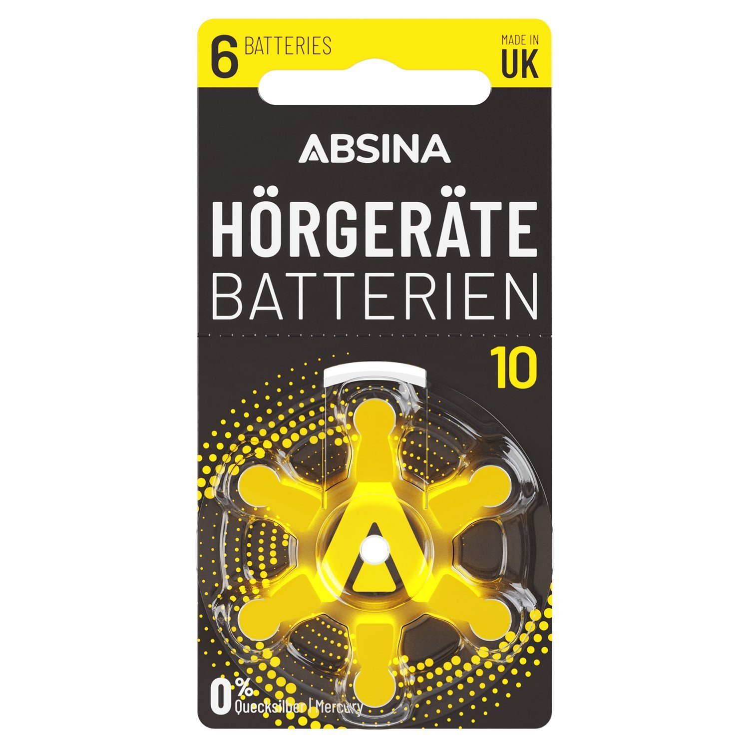 ABSINA 6x Hörgerätebatterien Typ 10 - Hörgeräte Batterien gelb Typ PR70 ZL4 Knopfzelle, (1 St) | Knopfzellen