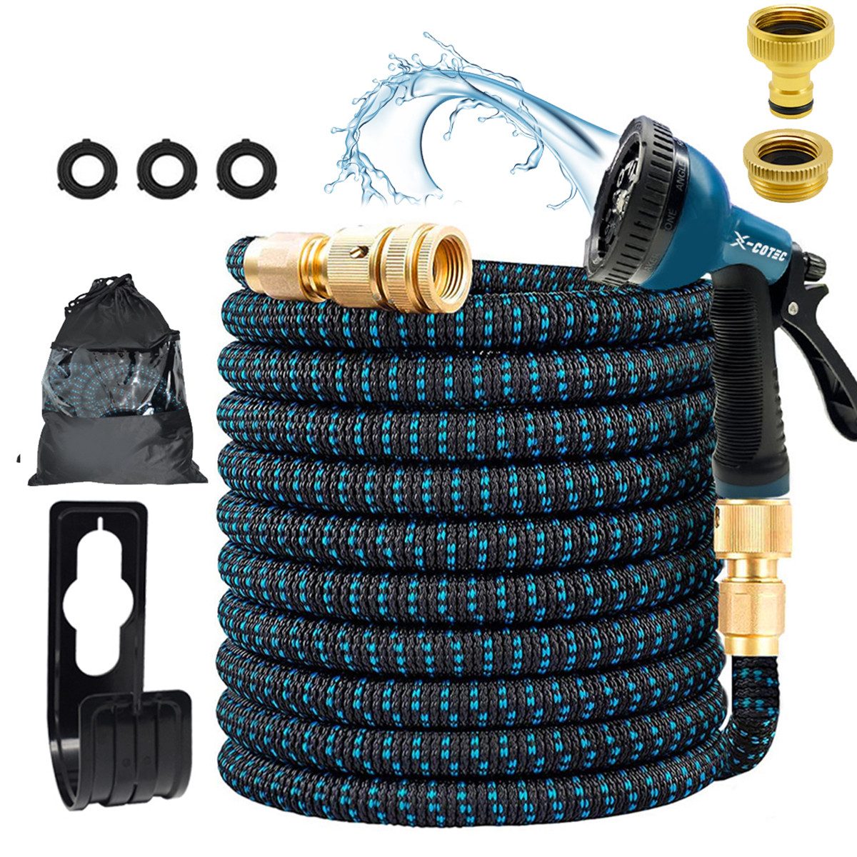 X-COTEC Gartenschlauch Flexibel 15m/30m – Dehnbar, platzsparend, 10 Sprühmodi, 3-lagiges Latex + 3750D Gewebe