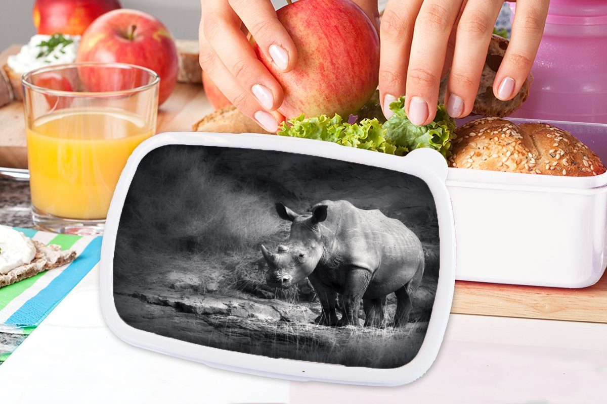- und Kinder Brotbox - - Rhinozeros (2-tlg), Brotdose, Weiß, Gras Lunchbox Natur für und - Mädchen Erwachsene, Schwarz MuchoWow Jungs für Kunststoff,