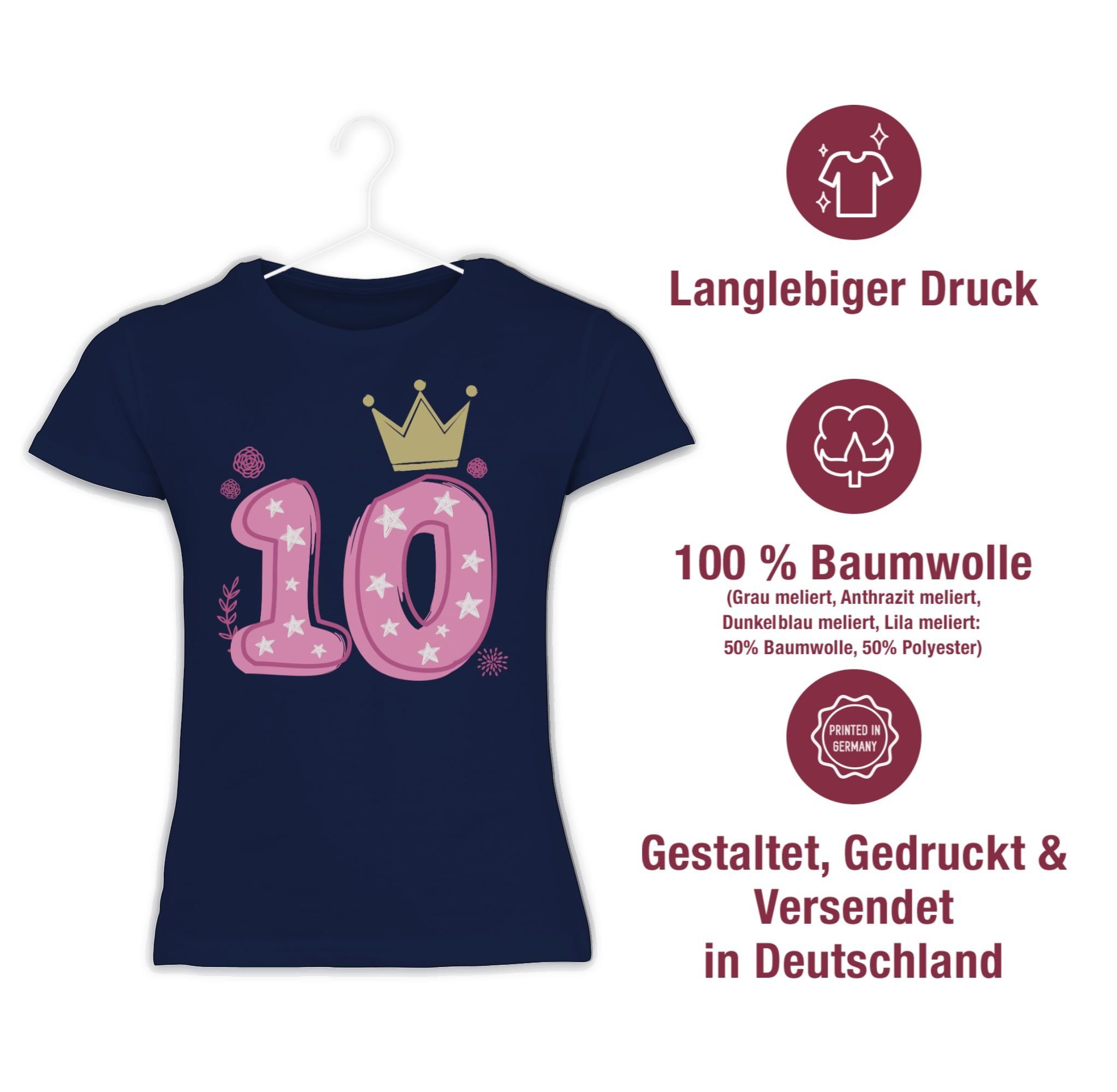 10. Sterne T-Shirt Krone Shirtracer Dunkelblau Mädchen Geburtstag Zehnter 1