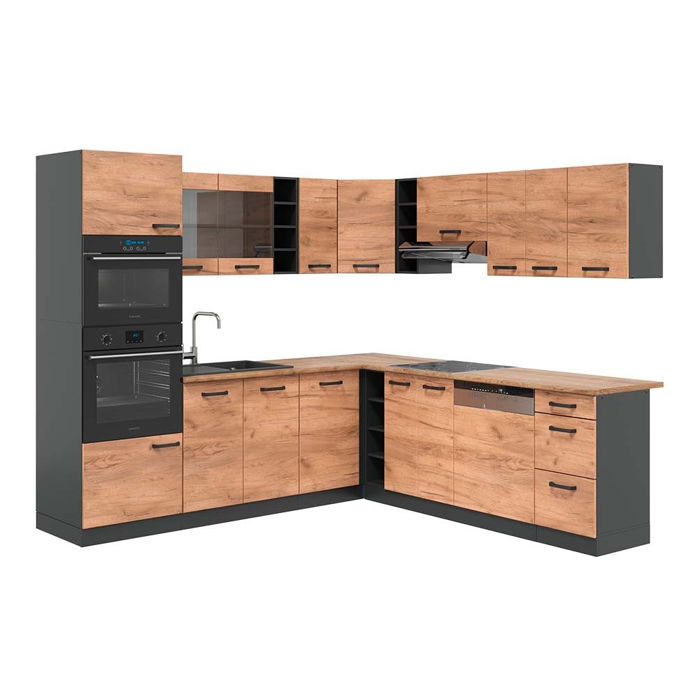Vicco Winkelküche R-Line, Goldkraft Eiche/Anthrazit, 247 x 237 cm, AP Eiche