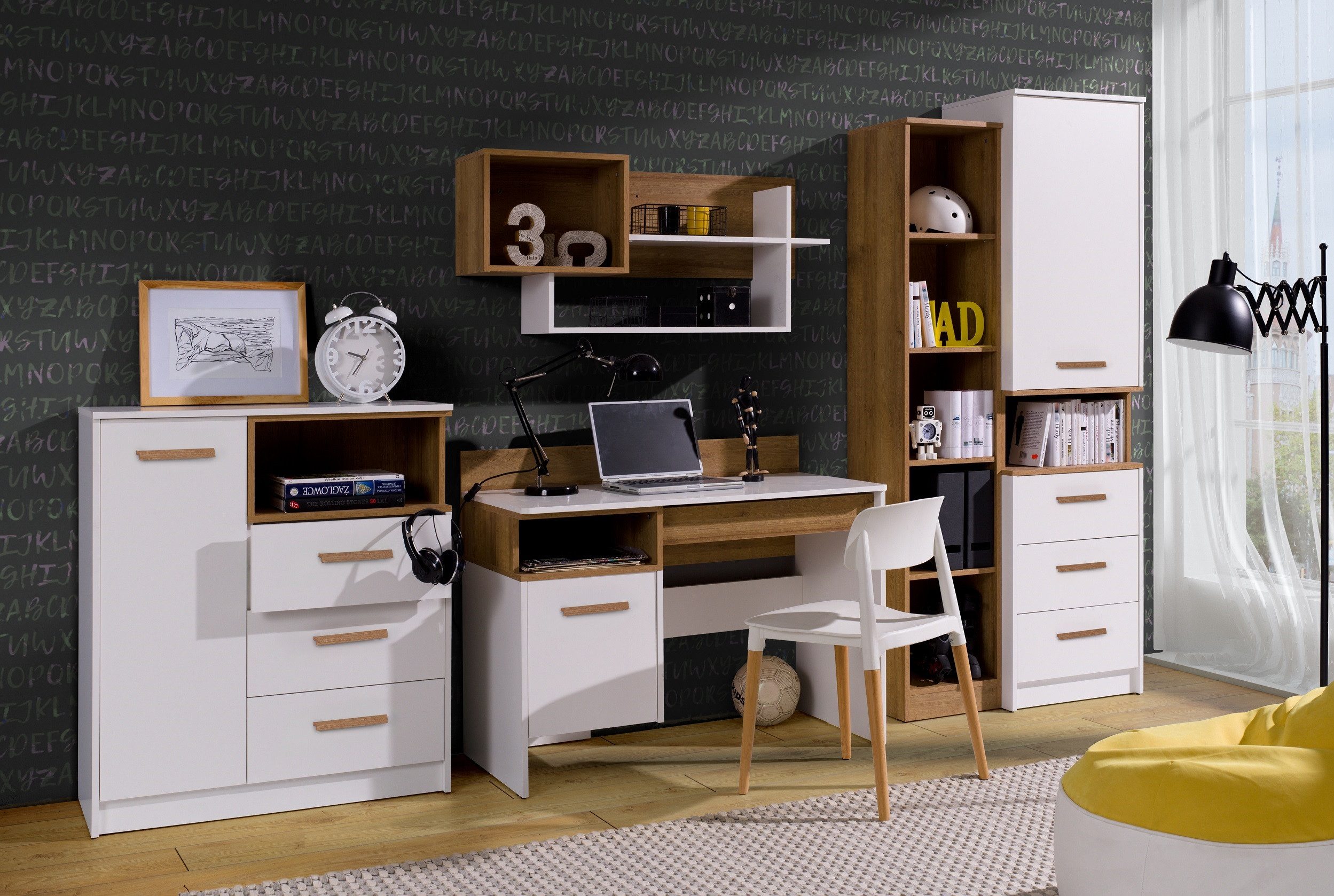 Marmex Möbel Jugendzimmer-Set Grant SET 01 Mehrzweckschrank Set Schülerschreibtisch Regal, (5-tlg), Scharniere Soft-Close, Vollauszug der Schubladen