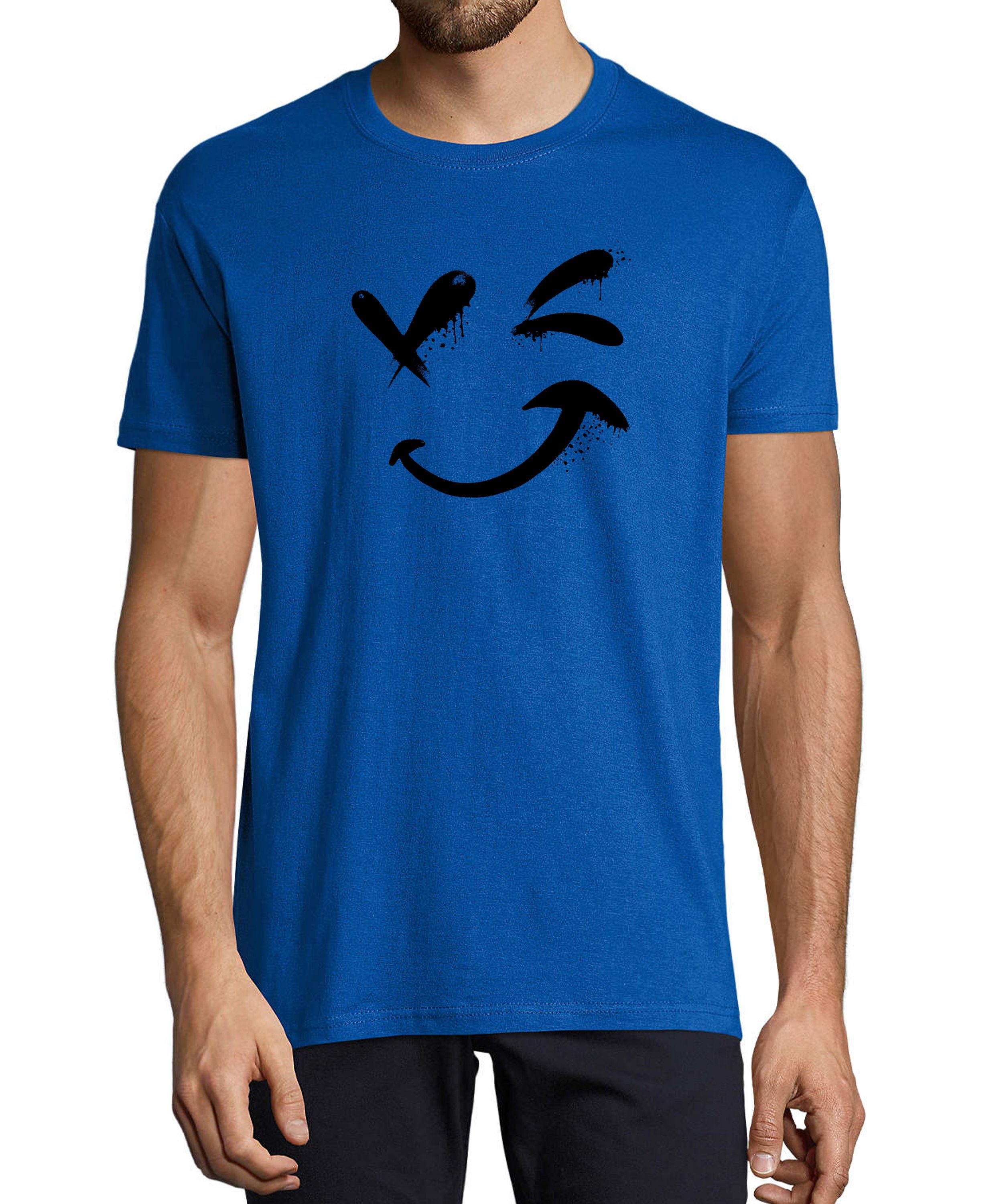 MyDesign24 T-Shirt Herren Smiley Print Shirt - Zwinkernder Smiley Baumwollshirt mit Aufdruck Regular Fit, i294 royal blau